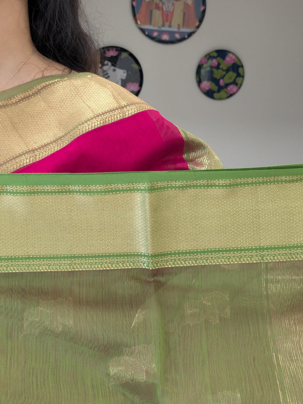 Maheshwari Silk Cotton Pink and Green Saree