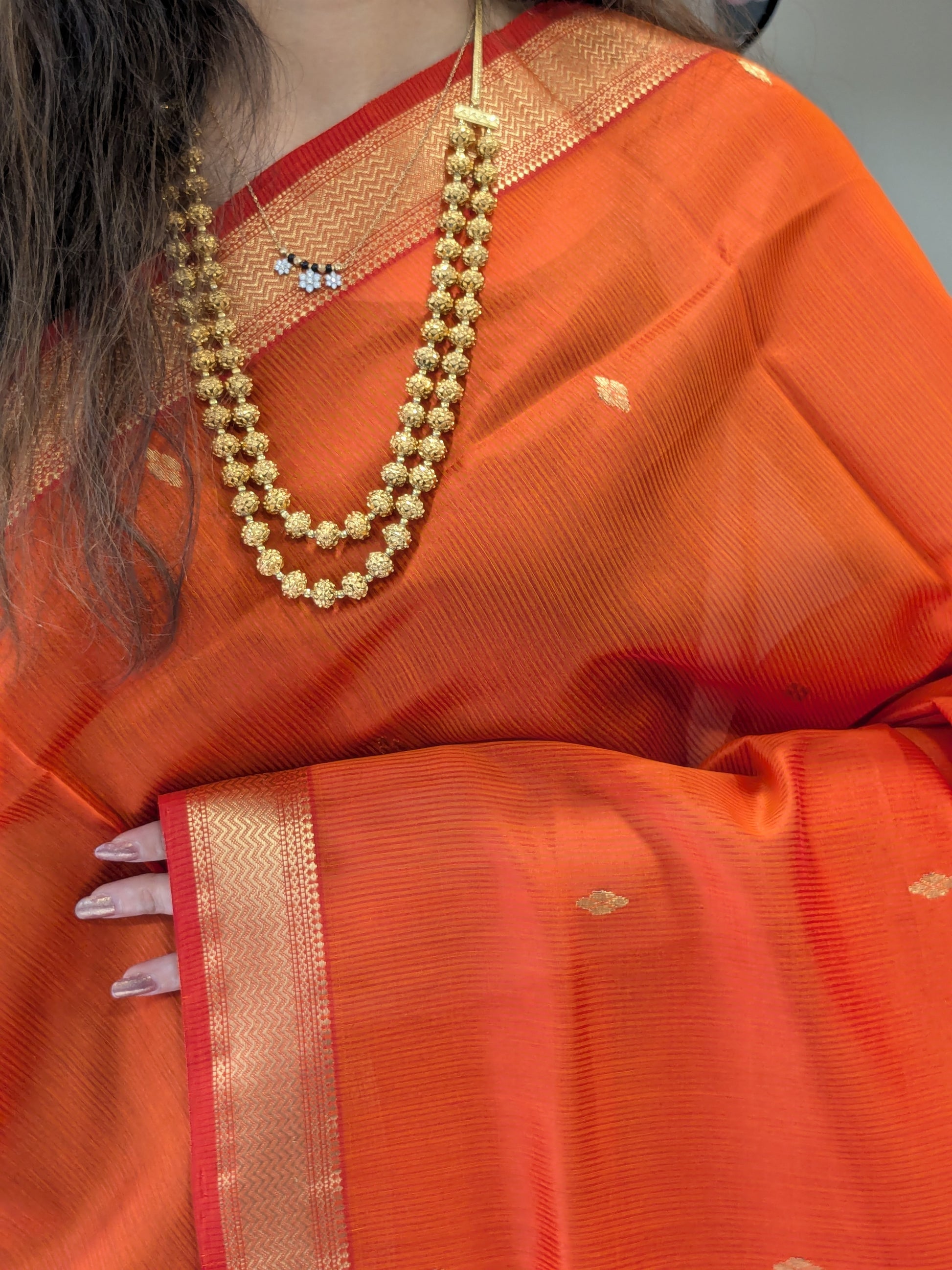Garbh Reshmi with Butti Orange Maheshwari Handloom Saree