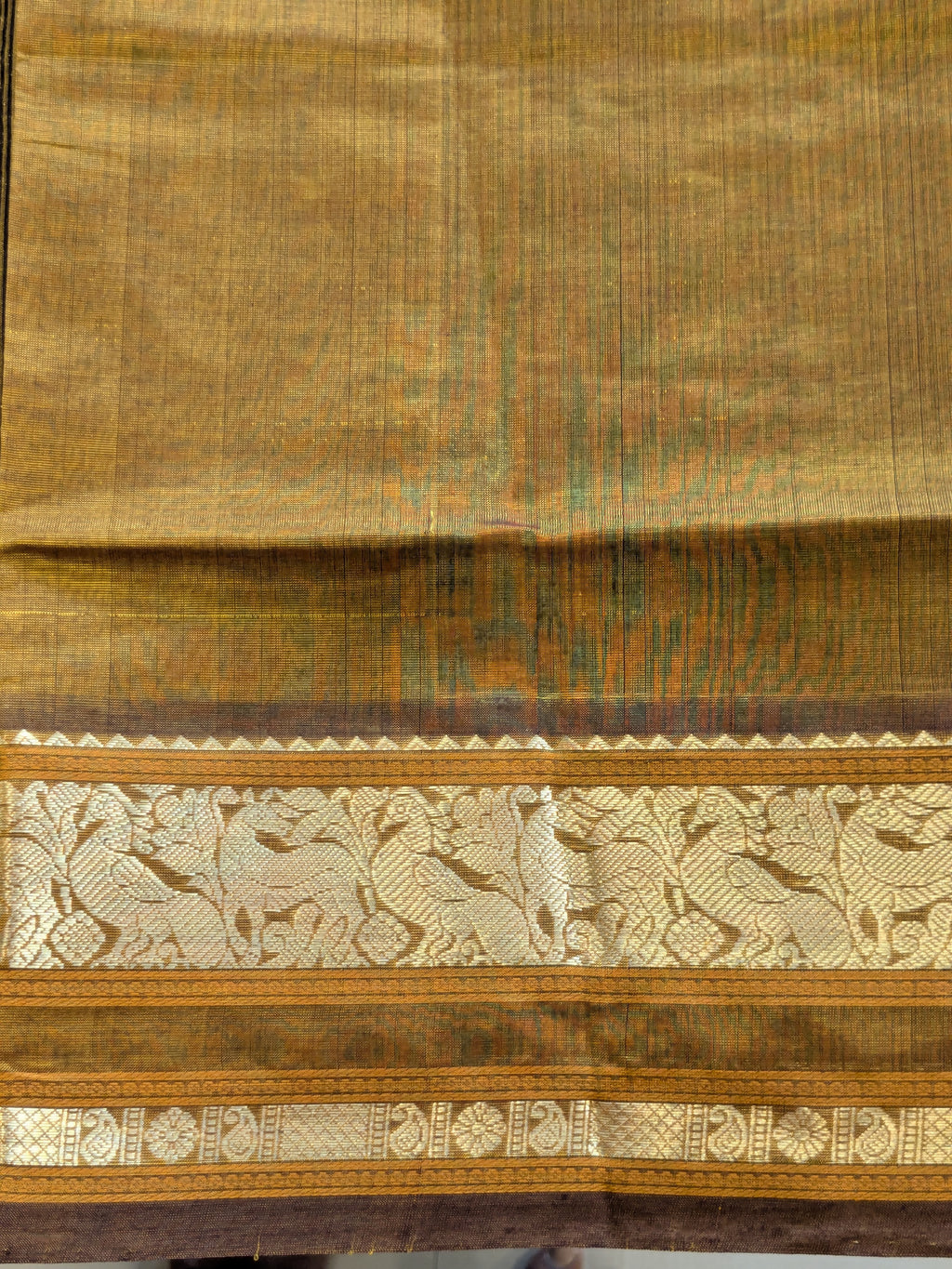 Golden Kanjeevaram Silk Cotton Saree with Black Stripes, Buttis & Zari Pallu