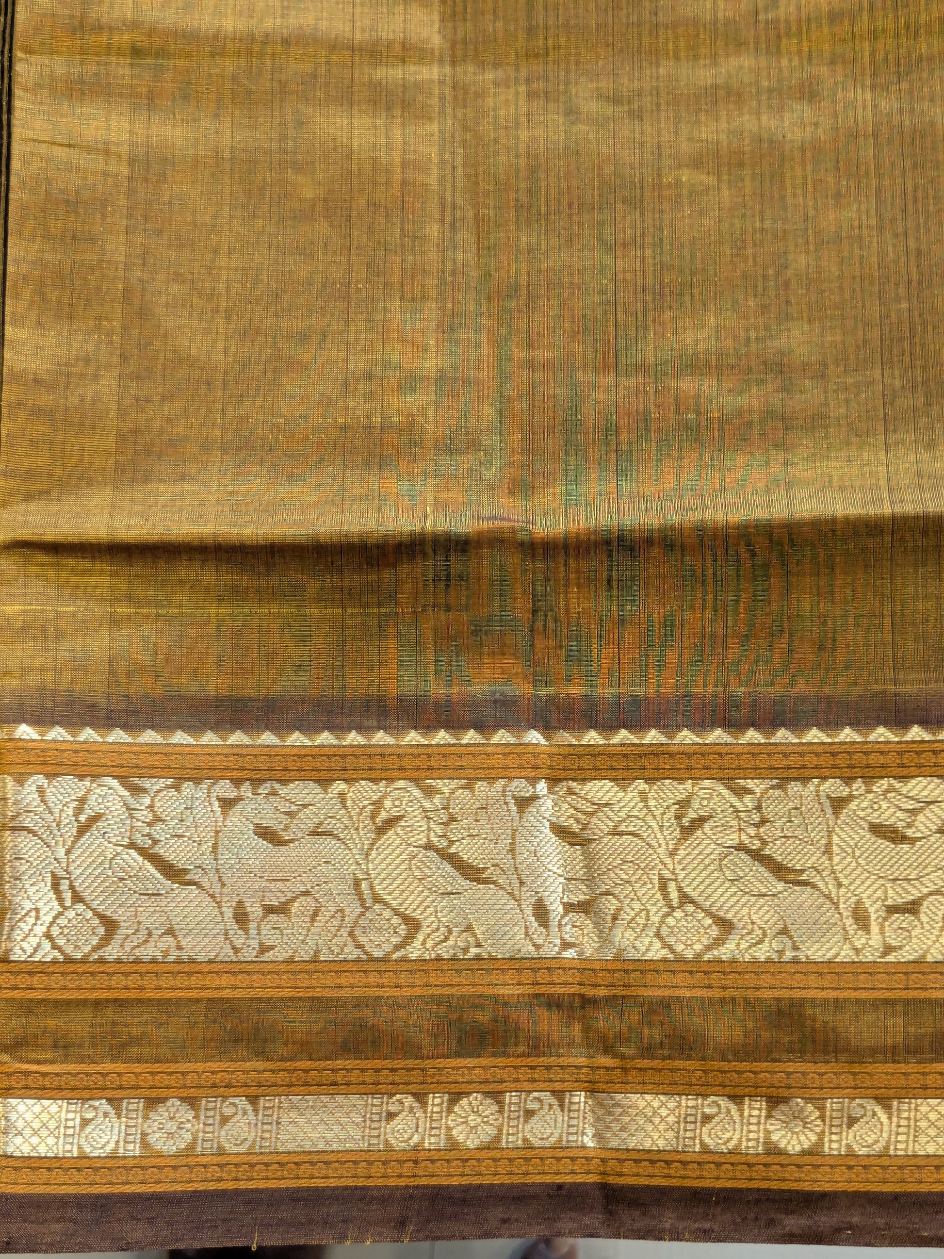 Golden Kanjeevaram Silk Cotton Saree with Black Stripes, Buttis & Zari Pallu