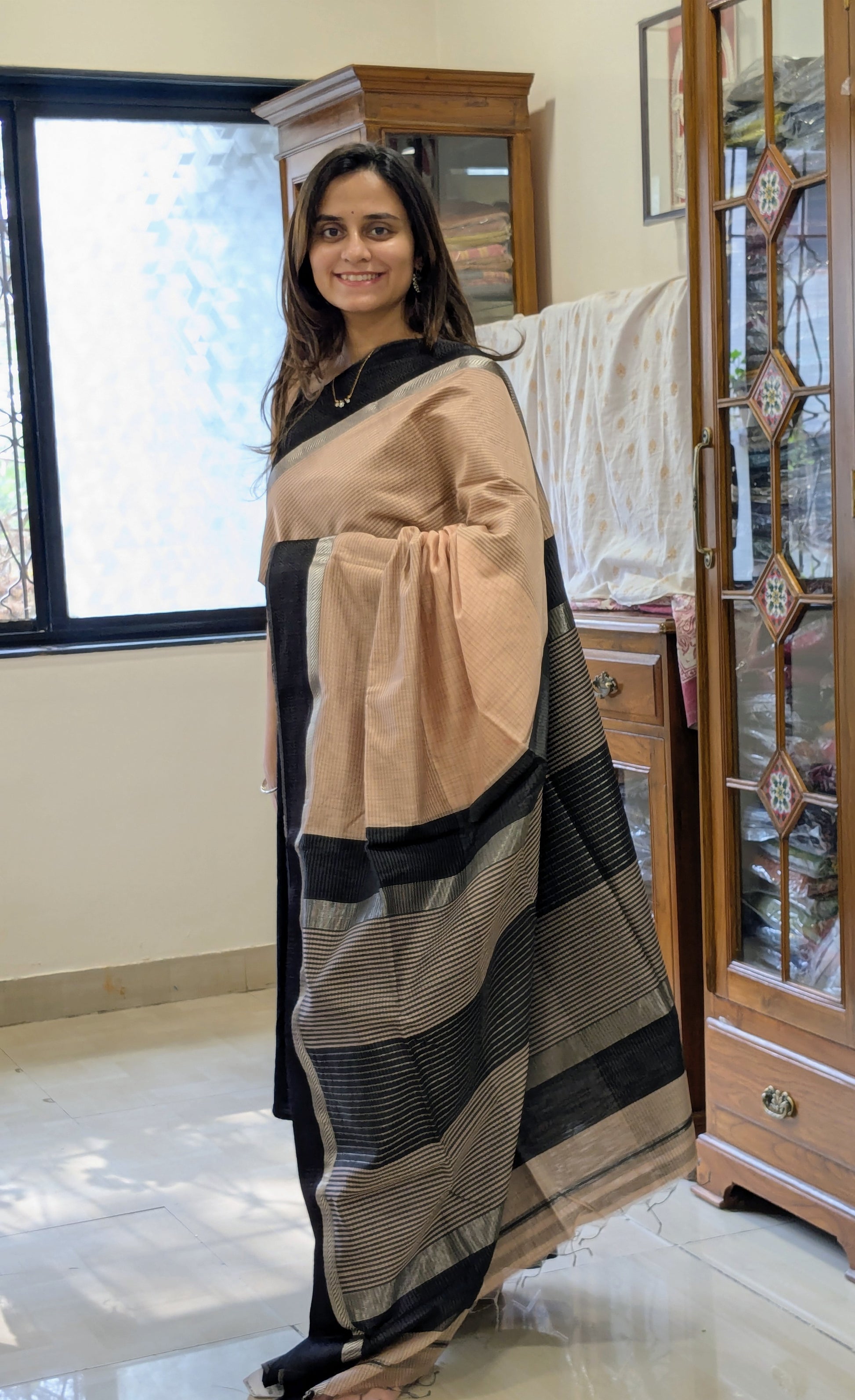 Maheshwari Peach Saree with Black Resham Border