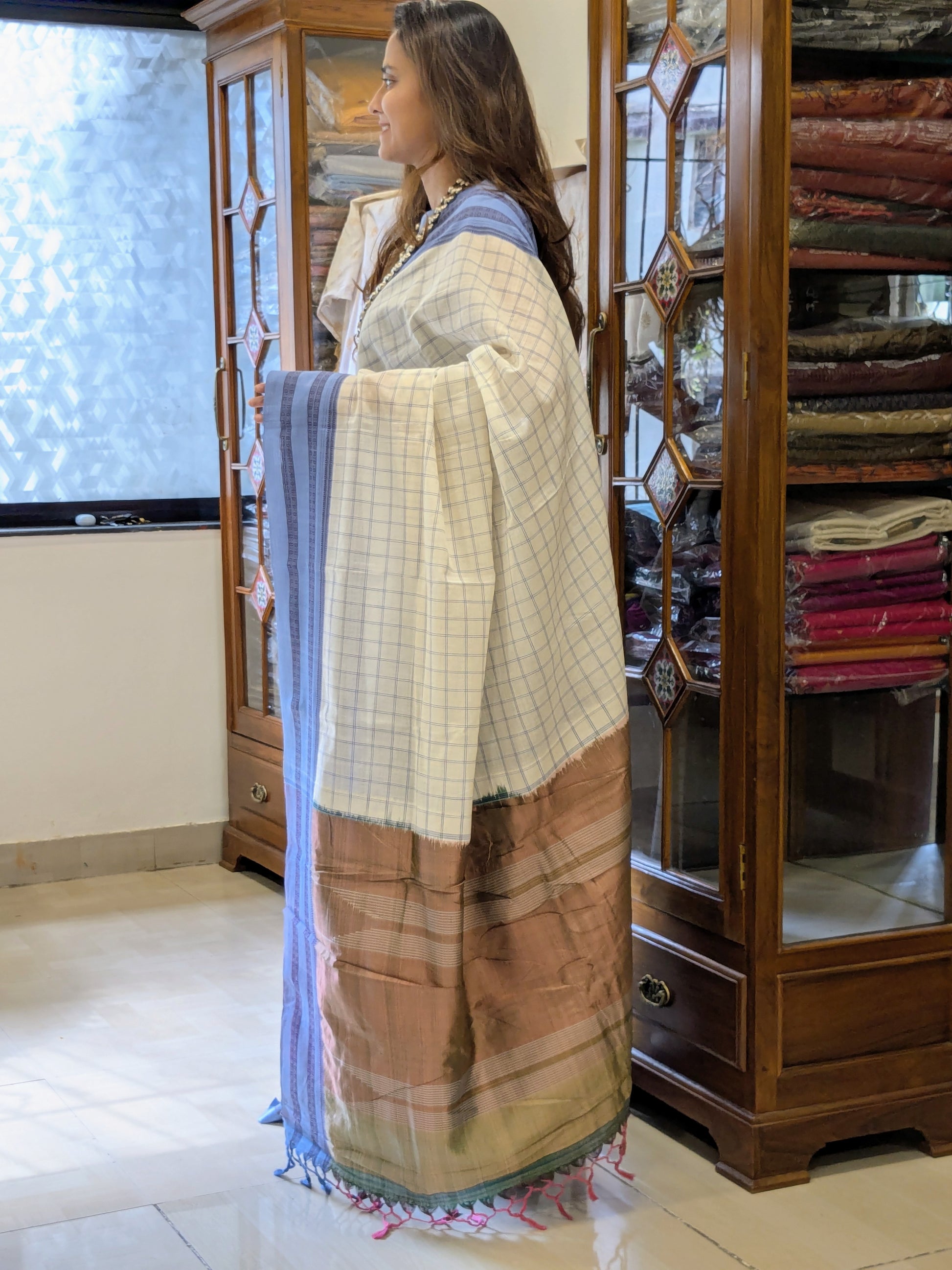 Handloom Ilkal White Cotton Saree with Checks