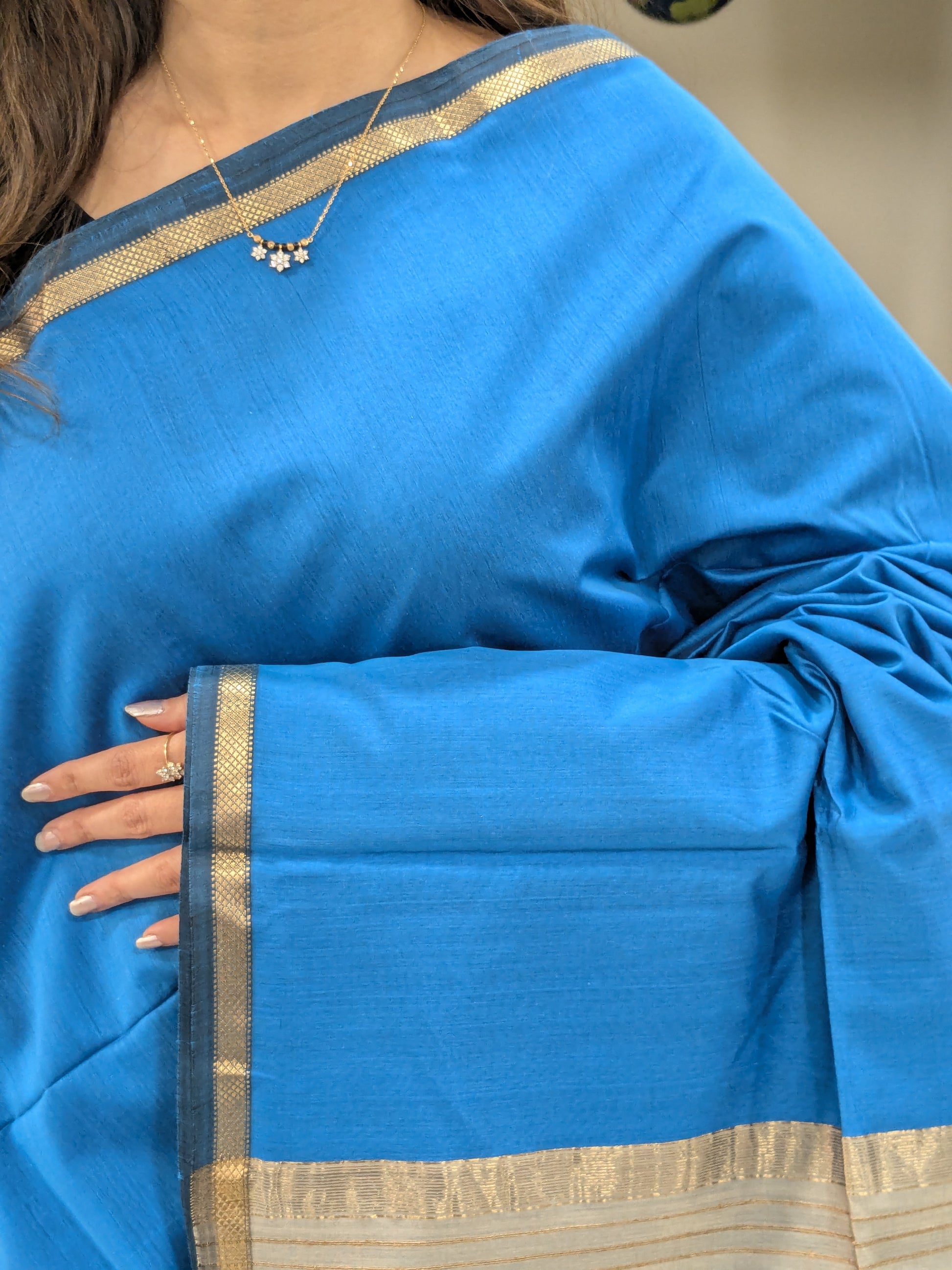 Sky Blue Maheshwari Handloom Kosa Silk Saree
