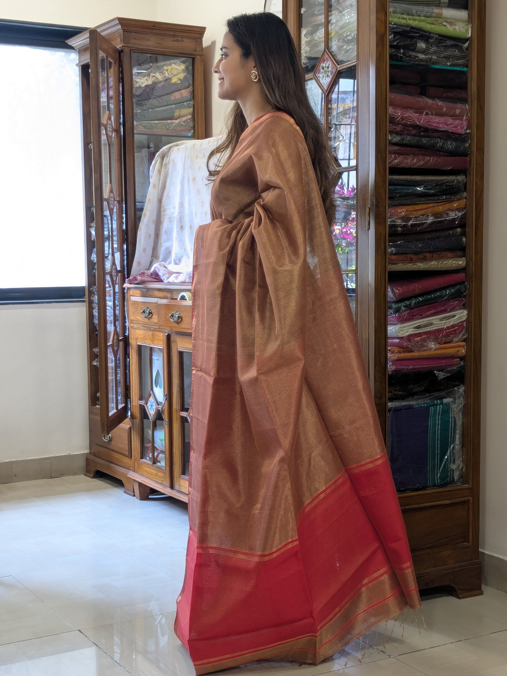 Maroon Maheshwari Handloom Tissue Silk Saree