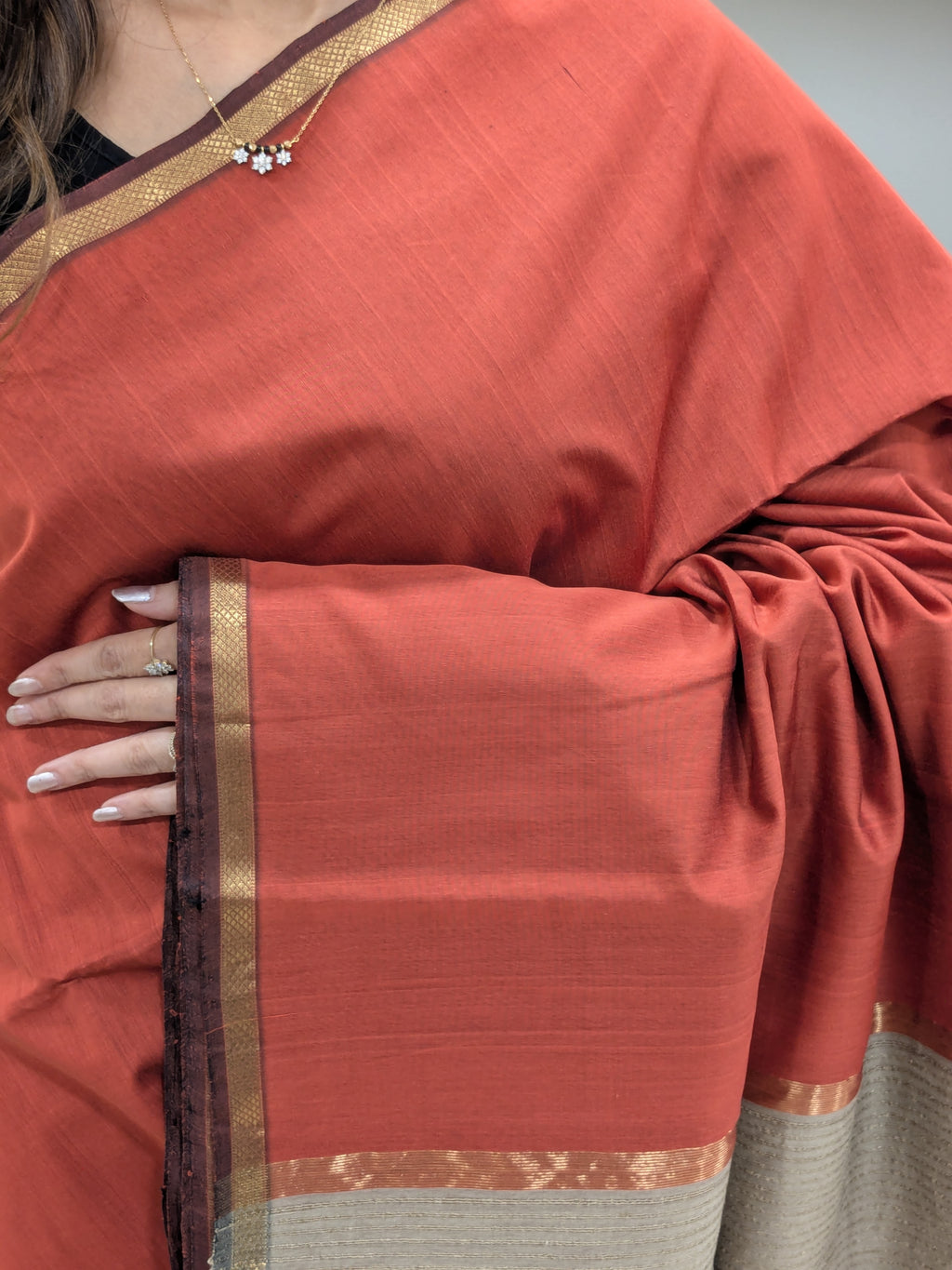 Carrot Red Maheshwari Handloom Kosa Silk Saree