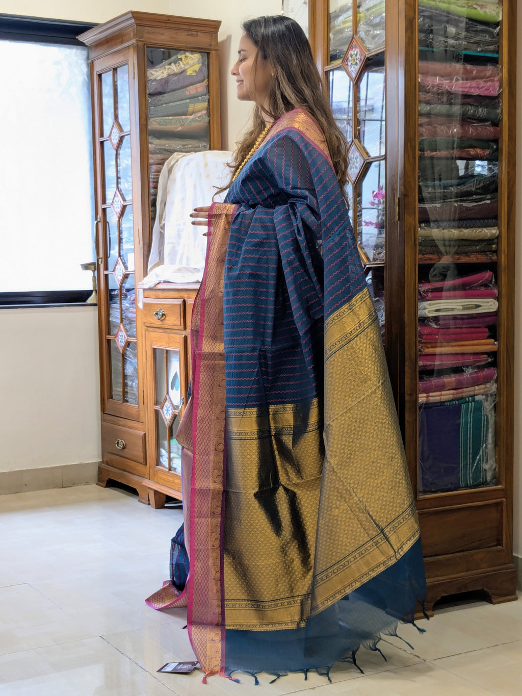 Cotton Royal Blue Kanchipuram Saree