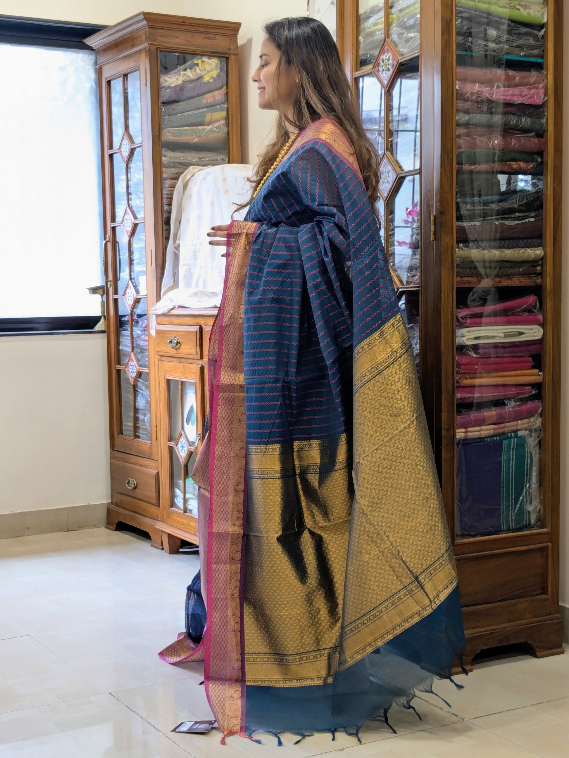 Cotton Royal Blue Kanchipuram Saree