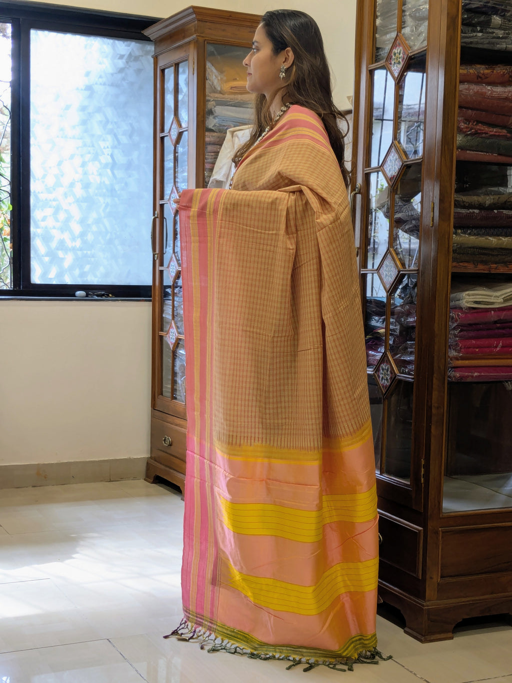 Ilkal Handloom Light Orange Saree with Checks