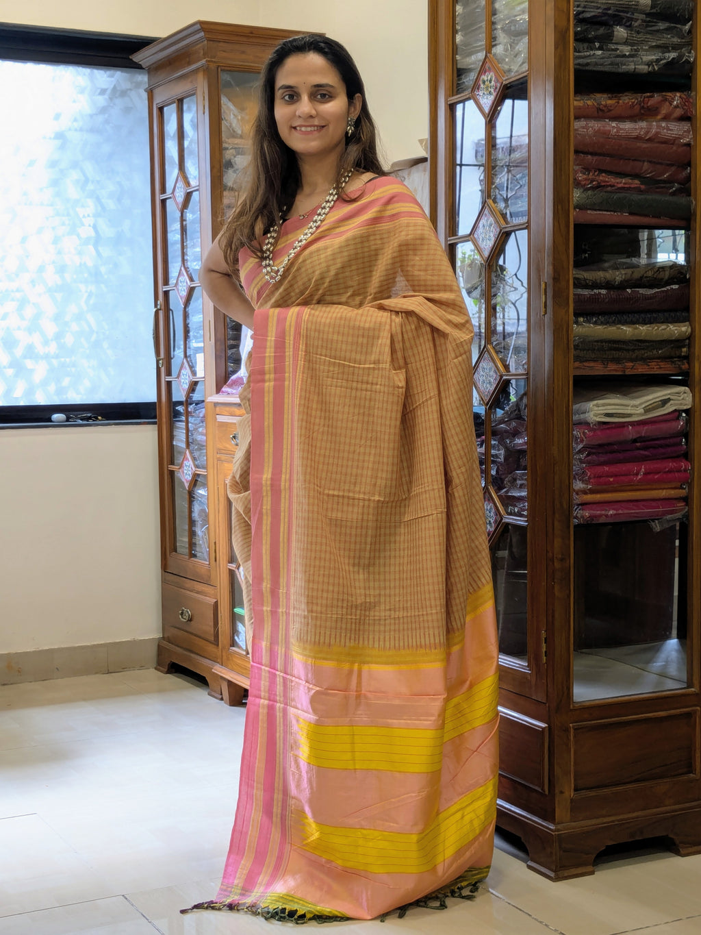 Ilkal Handloom Light Orange Saree with Checks