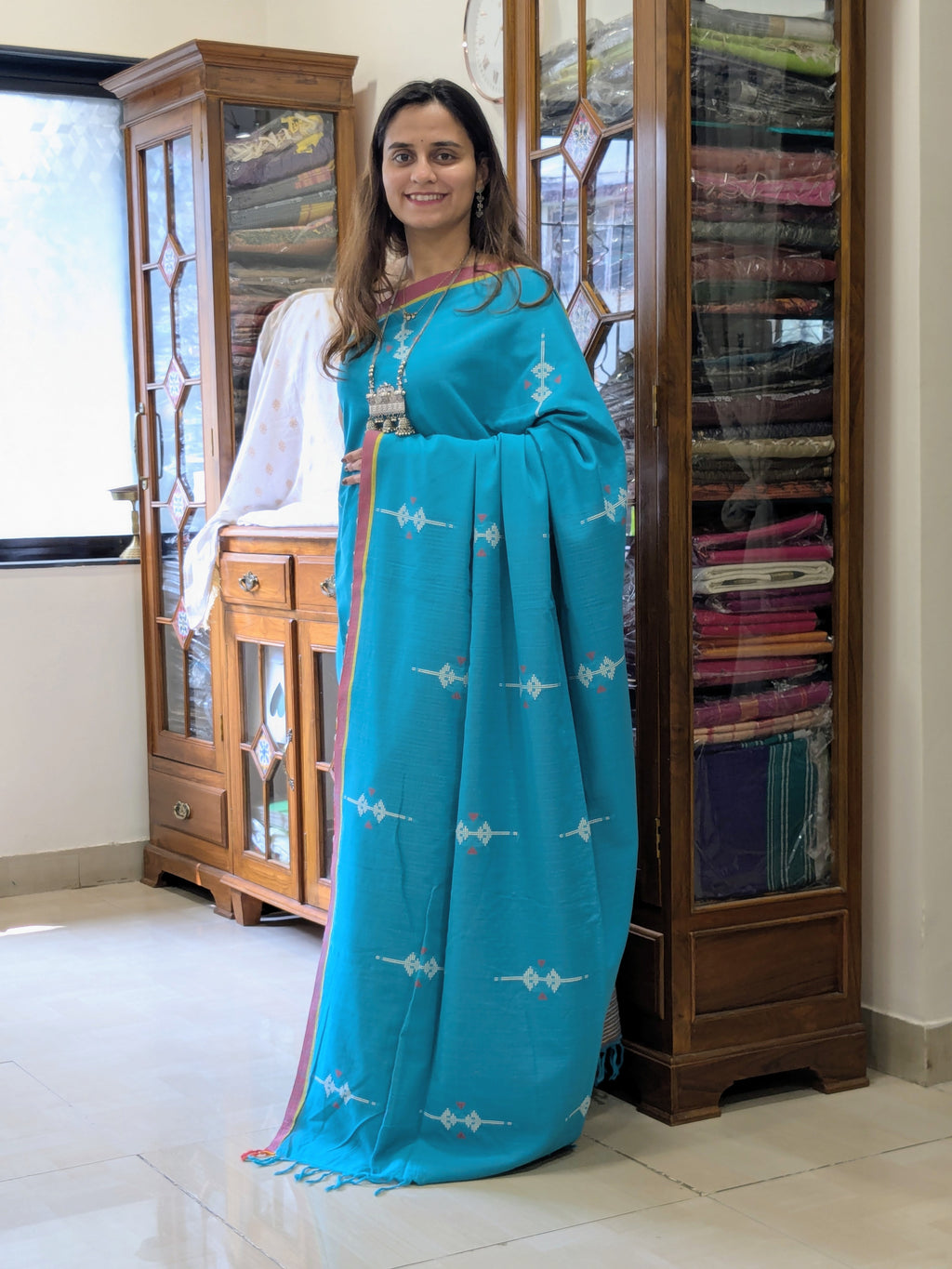 Bawan Buti Cotton Ocean Blue Saree