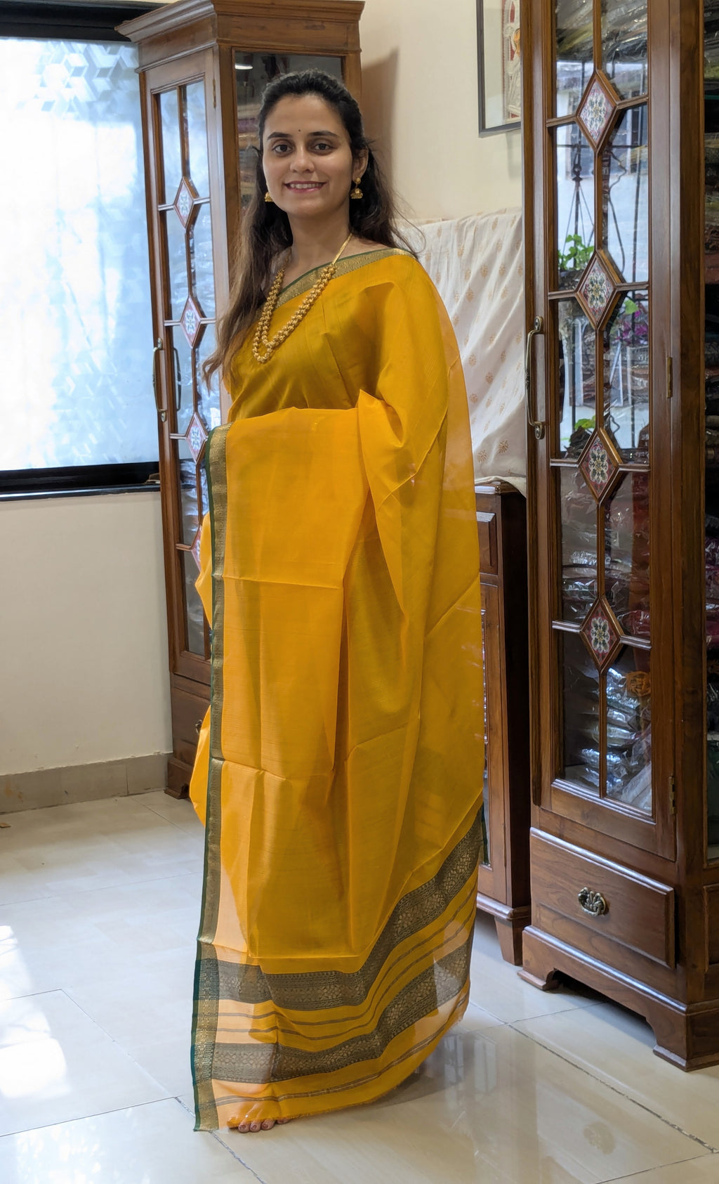 Garbh Reshmi Yellow Maheshwari Handloom Saree