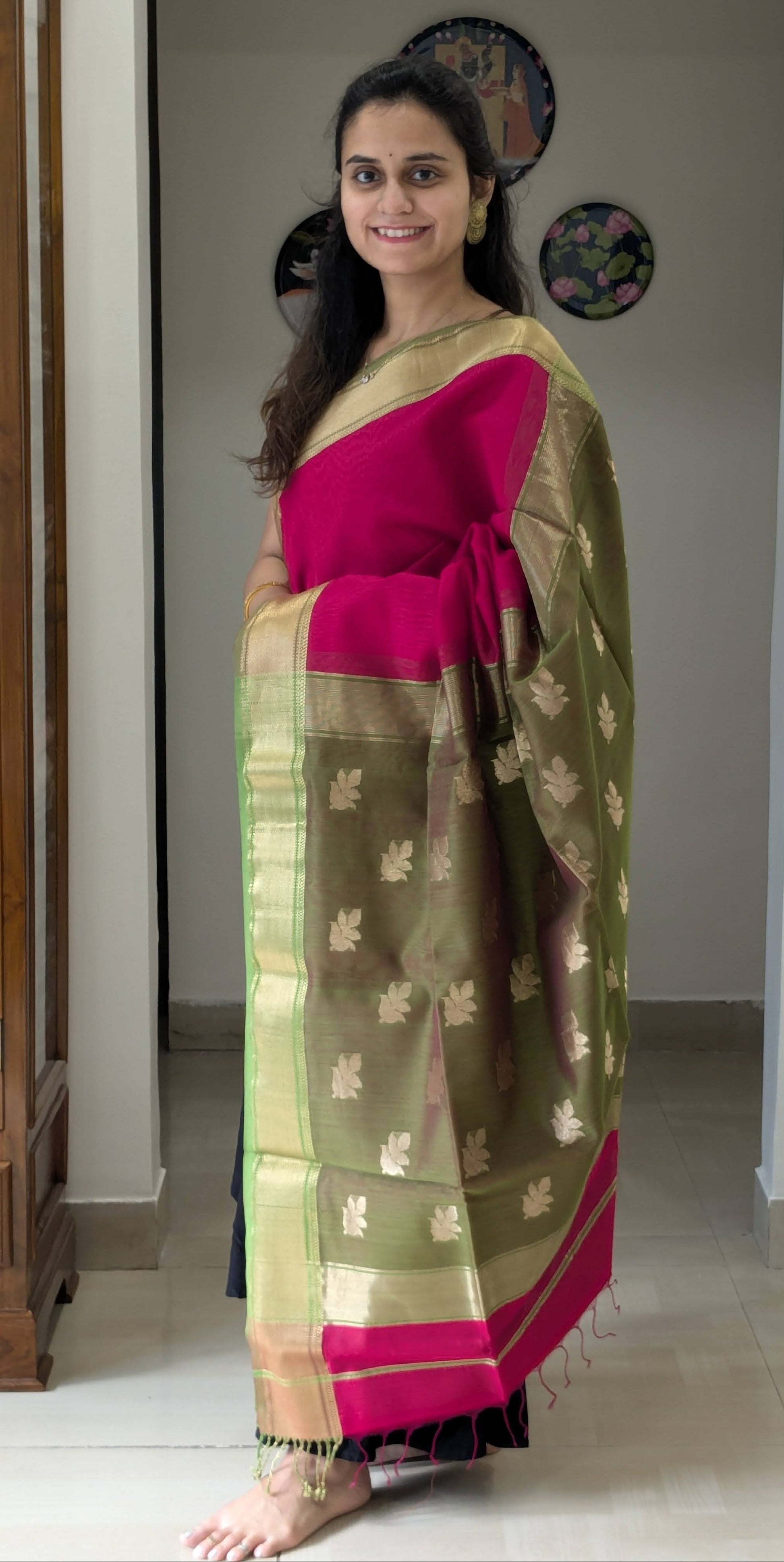 Maheshwari Silk Cotton Pink and Green Saree