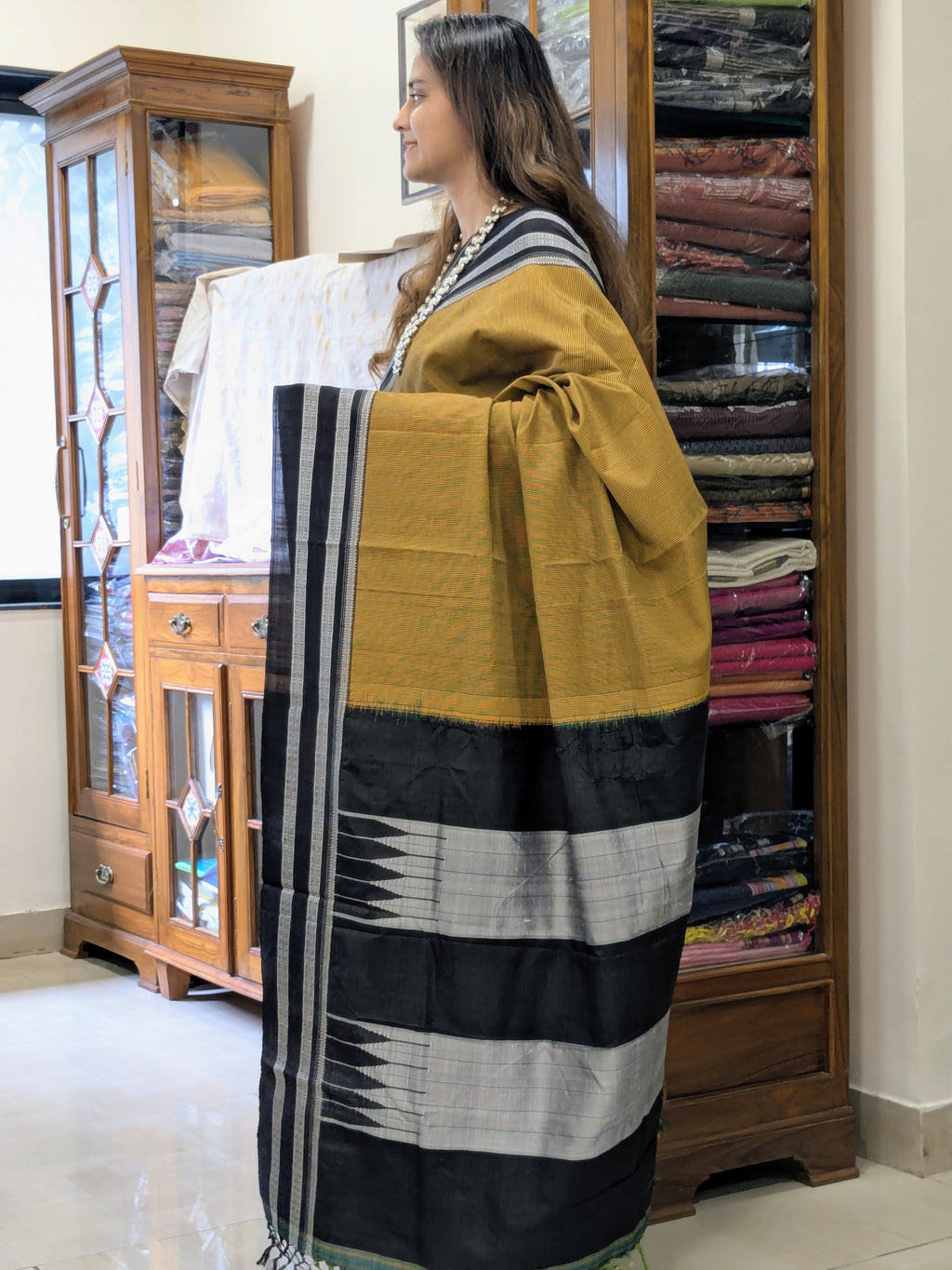 Mustard Yellow and Black Handloom Ilkal Saree