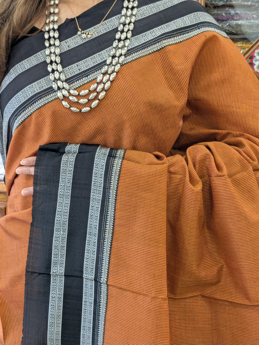 Handloom Ilkal Orange and Black Saree