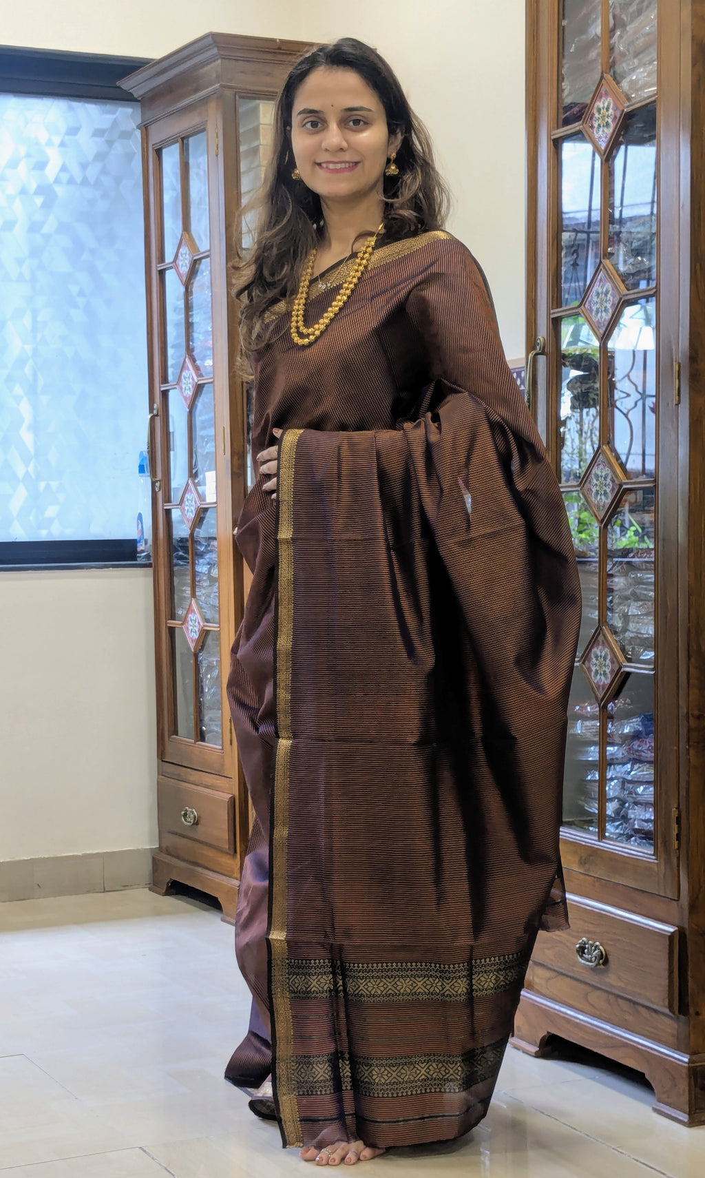 Garbh Reshmi Maheshwari Copper Colour Saree