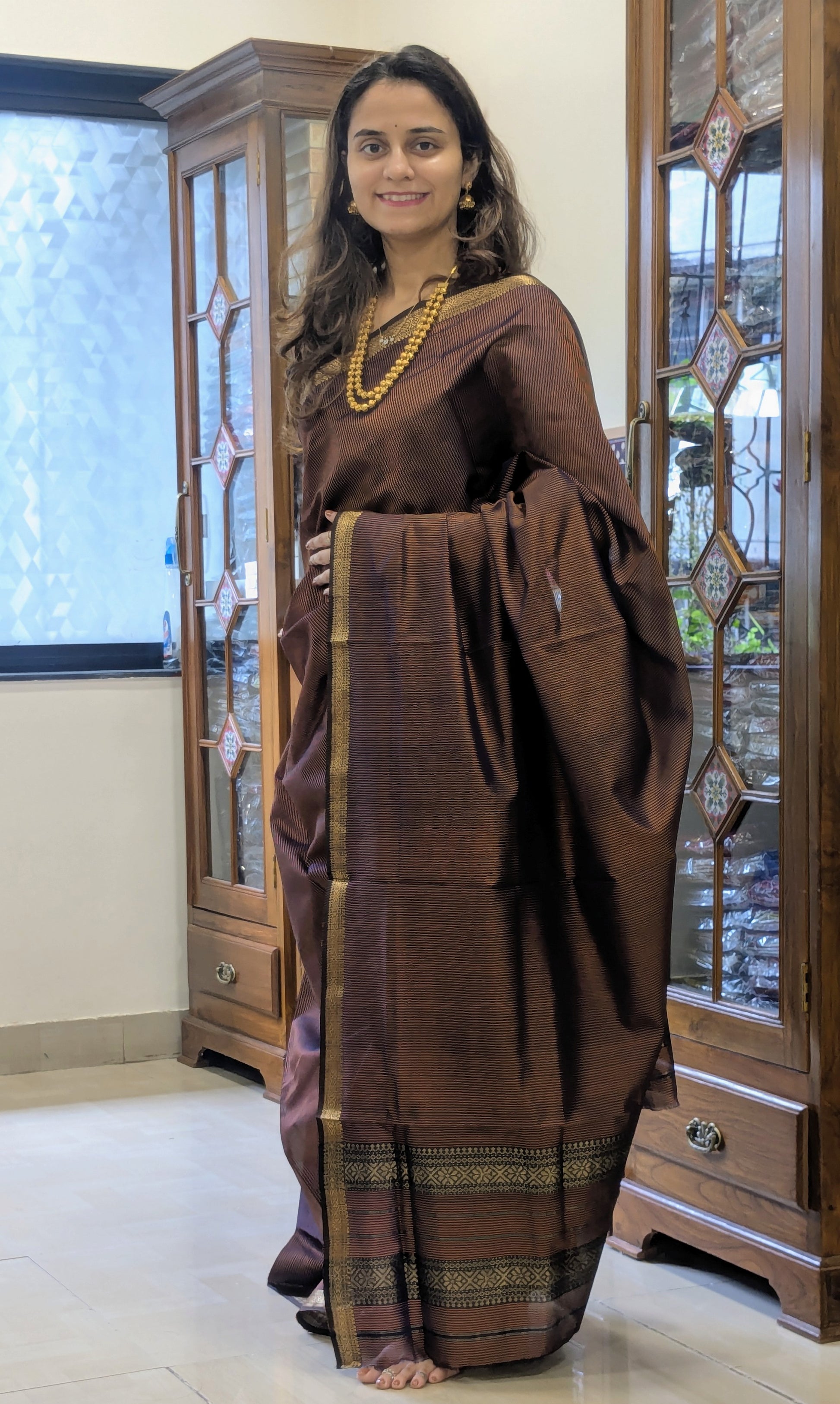 Garbh Reshmi Maheshwari Copper Colour Saree