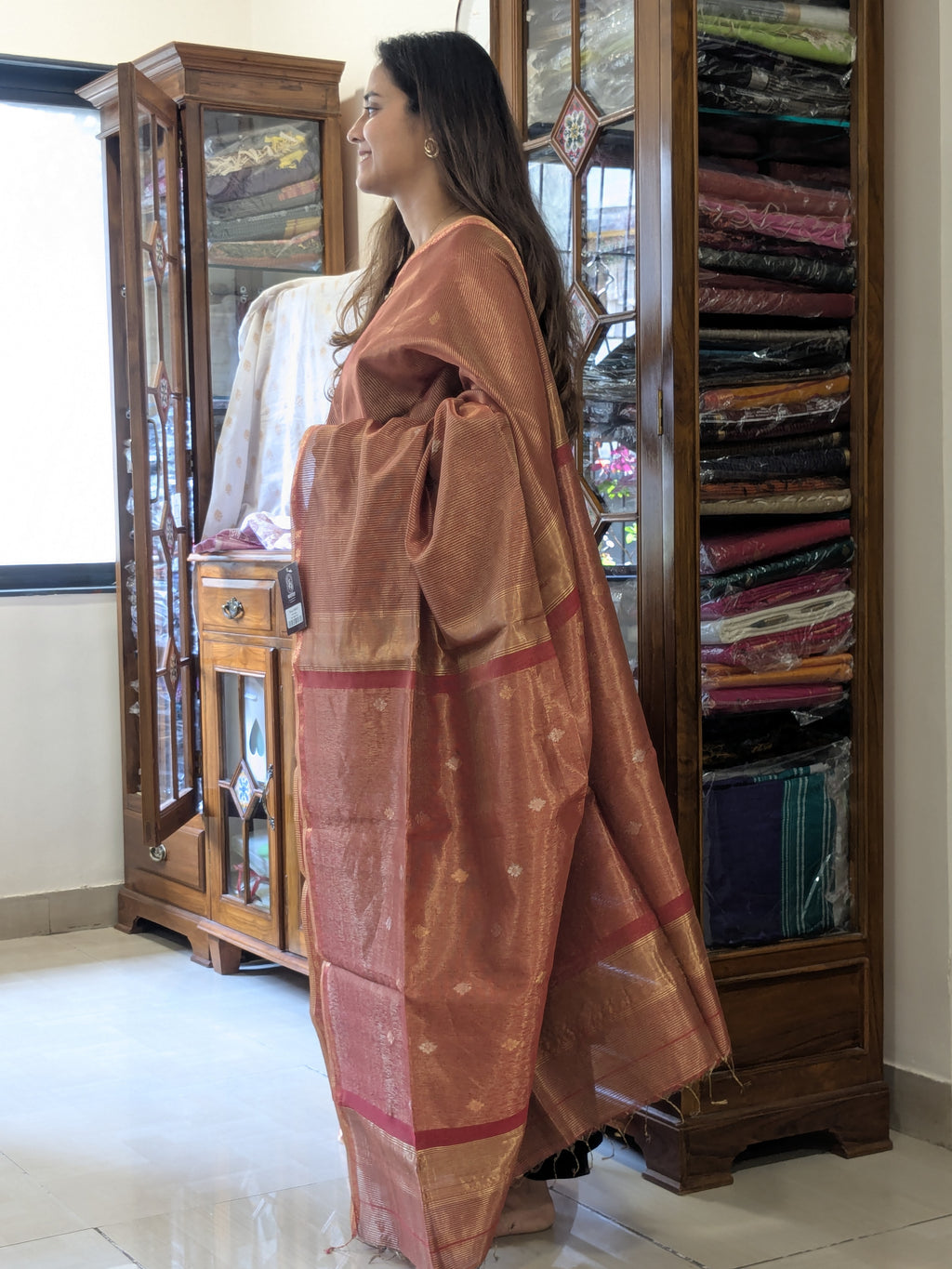 Maheshwari Red Silk Tissue Saree