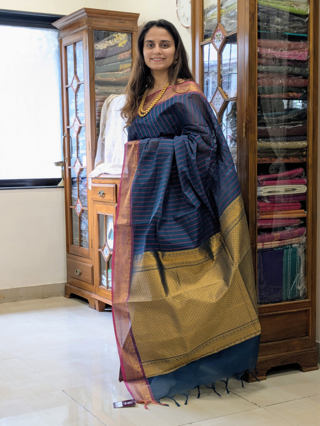 Cotton Royal Blue Kanchipuram Saree