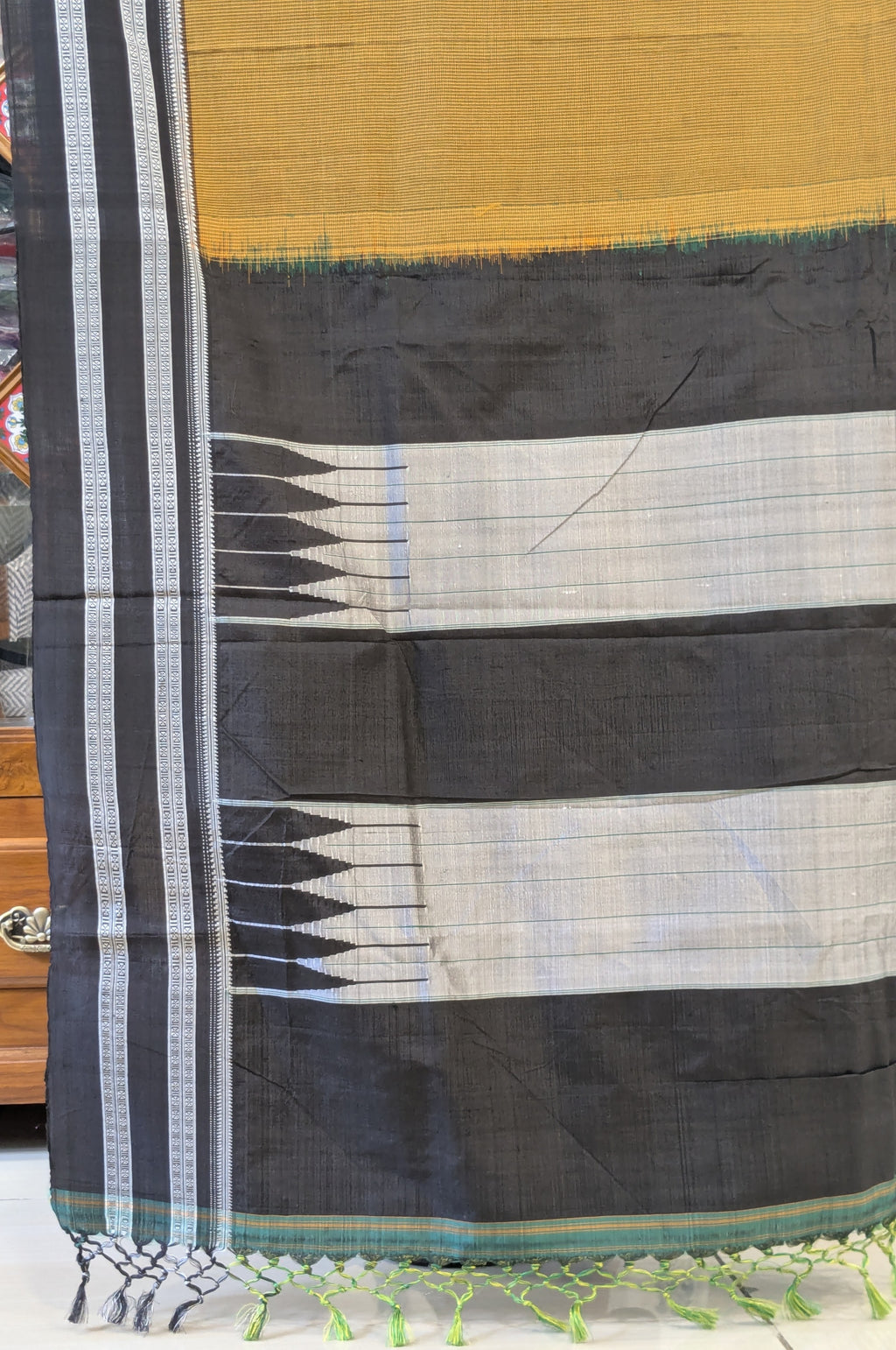 Mustard Yellow and Black Handloom Ilkal Saree