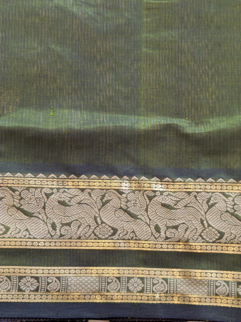 Grey Kanjeevaram Silk Cotton Saree with Green Stripes, Buttis & Zari Pallu