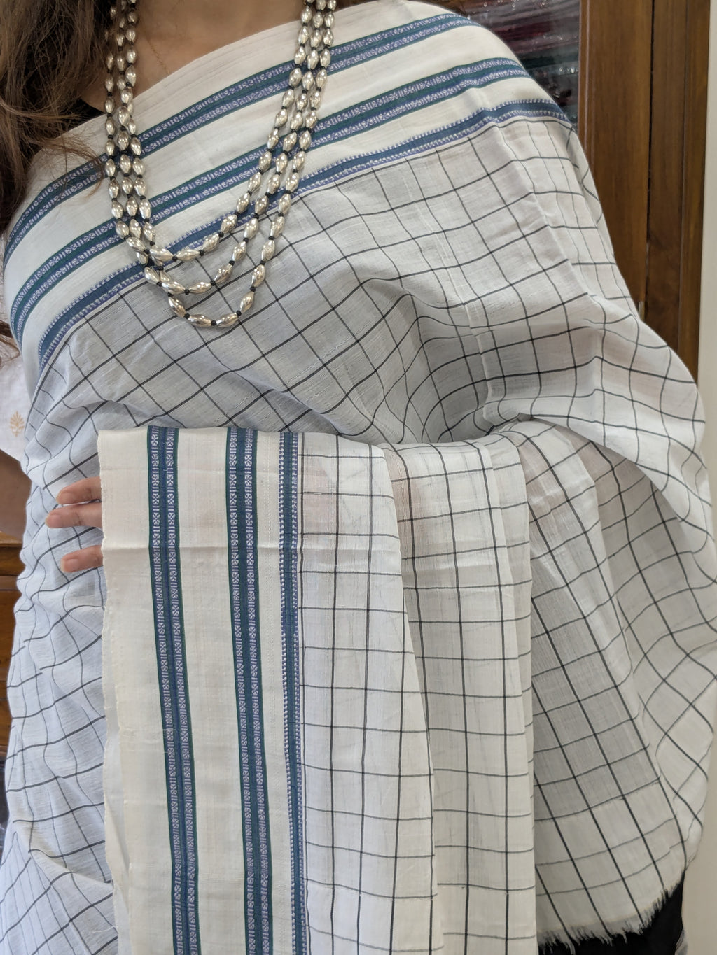 Handloom White Ilkal Saree with Checks