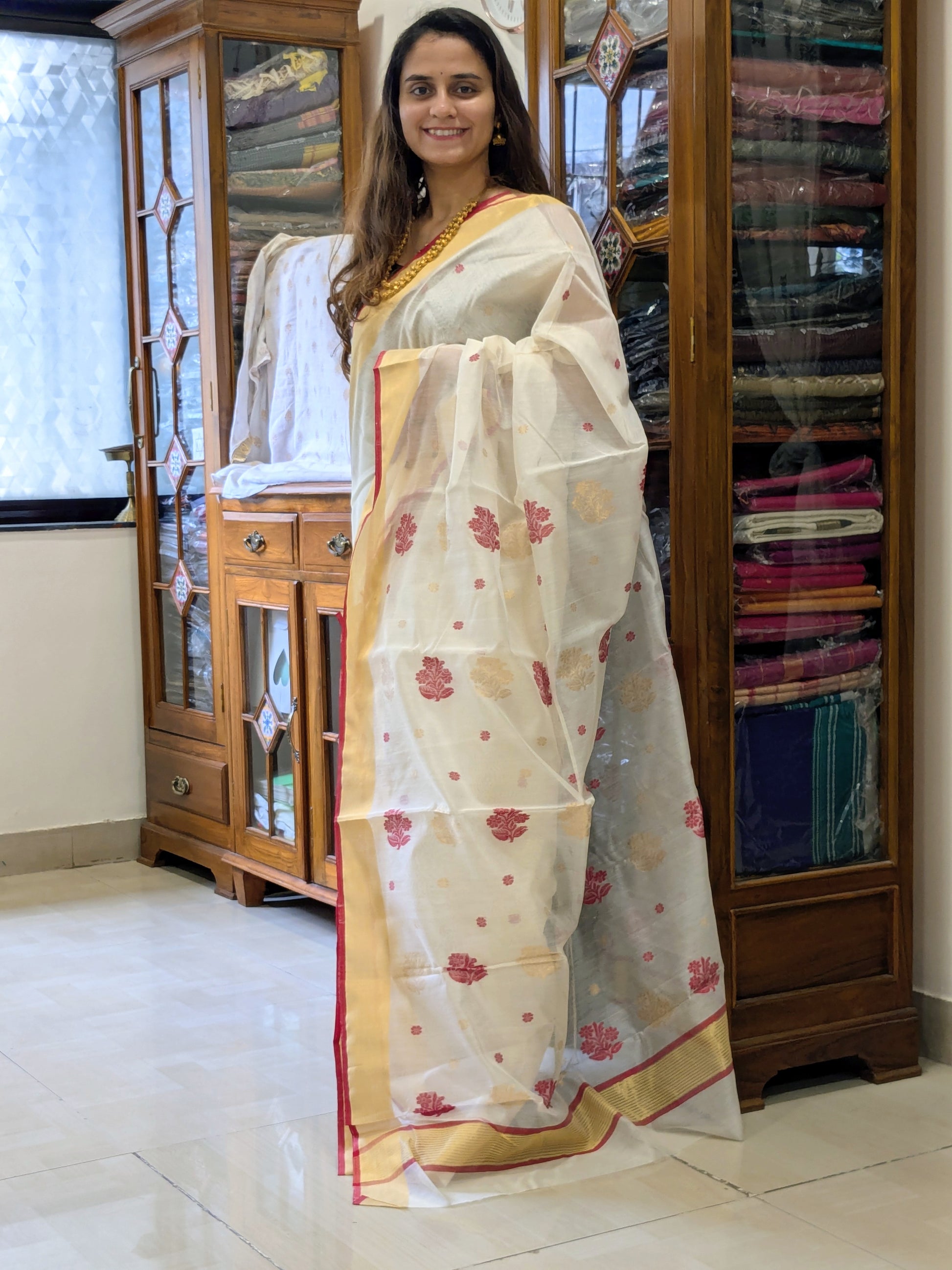 Silk Cotton White Chanderi Saree