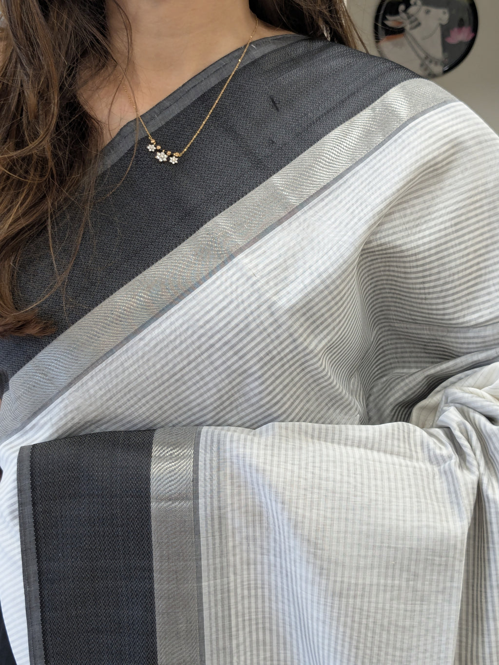 Maheshwari White Saree with Black Resham Border