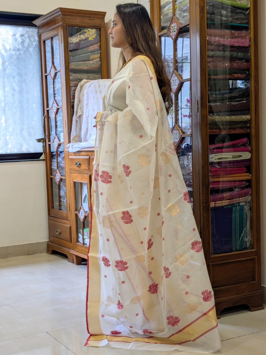 Silk Cotton White Chanderi Saree