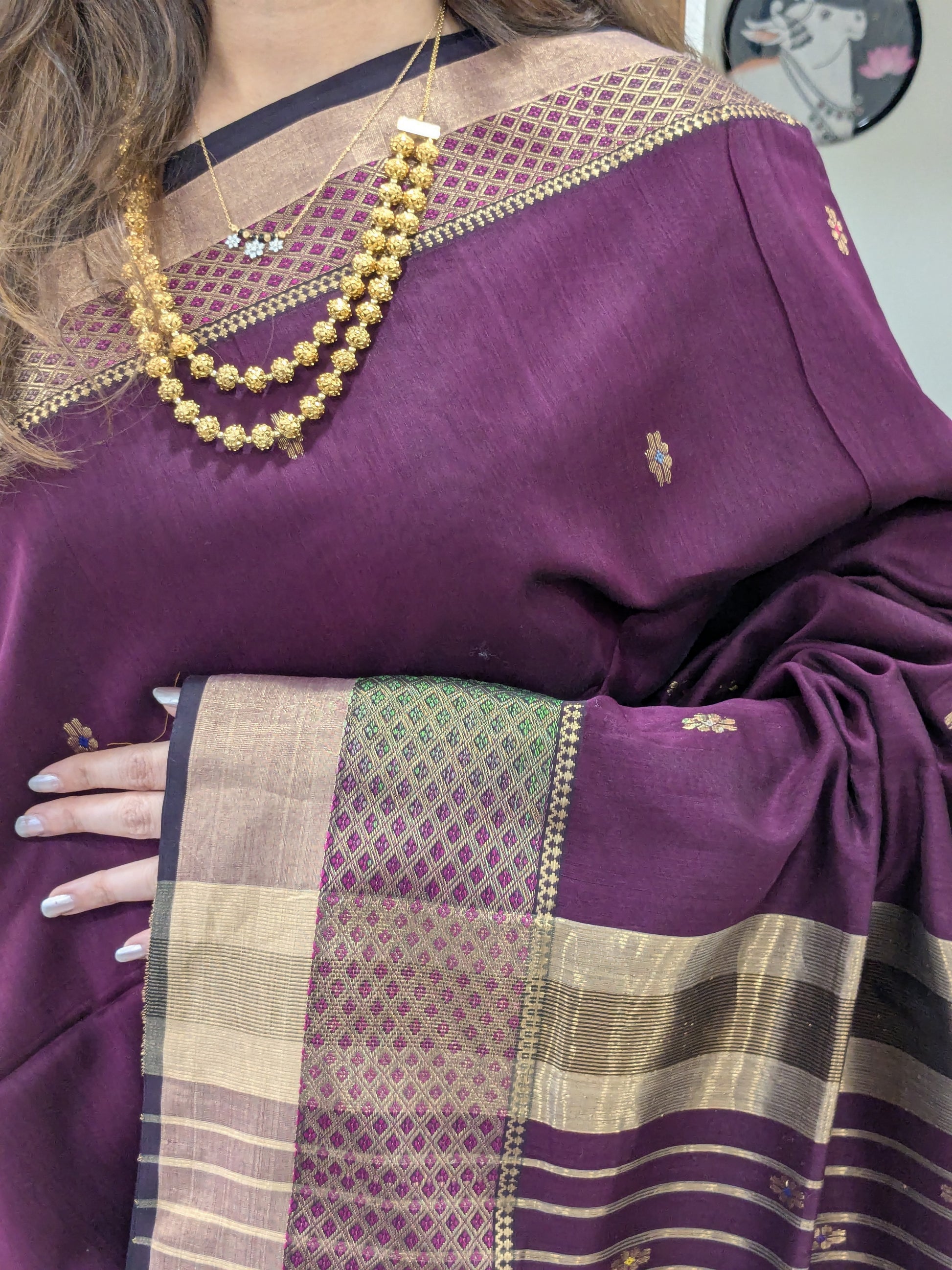 Purple saree with gold border