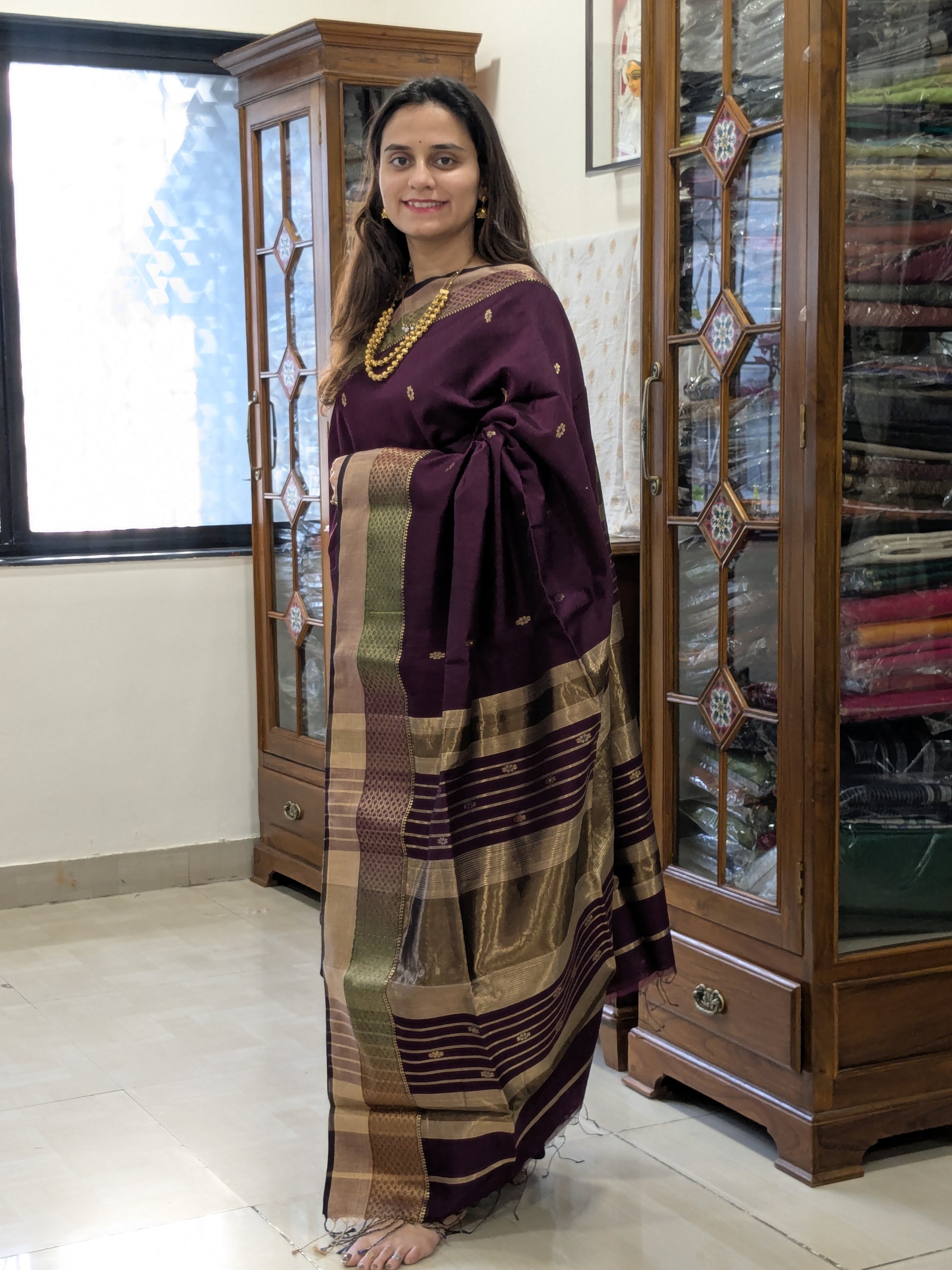 Maheshwari Silk Cotton Wine Meena Butti Saree