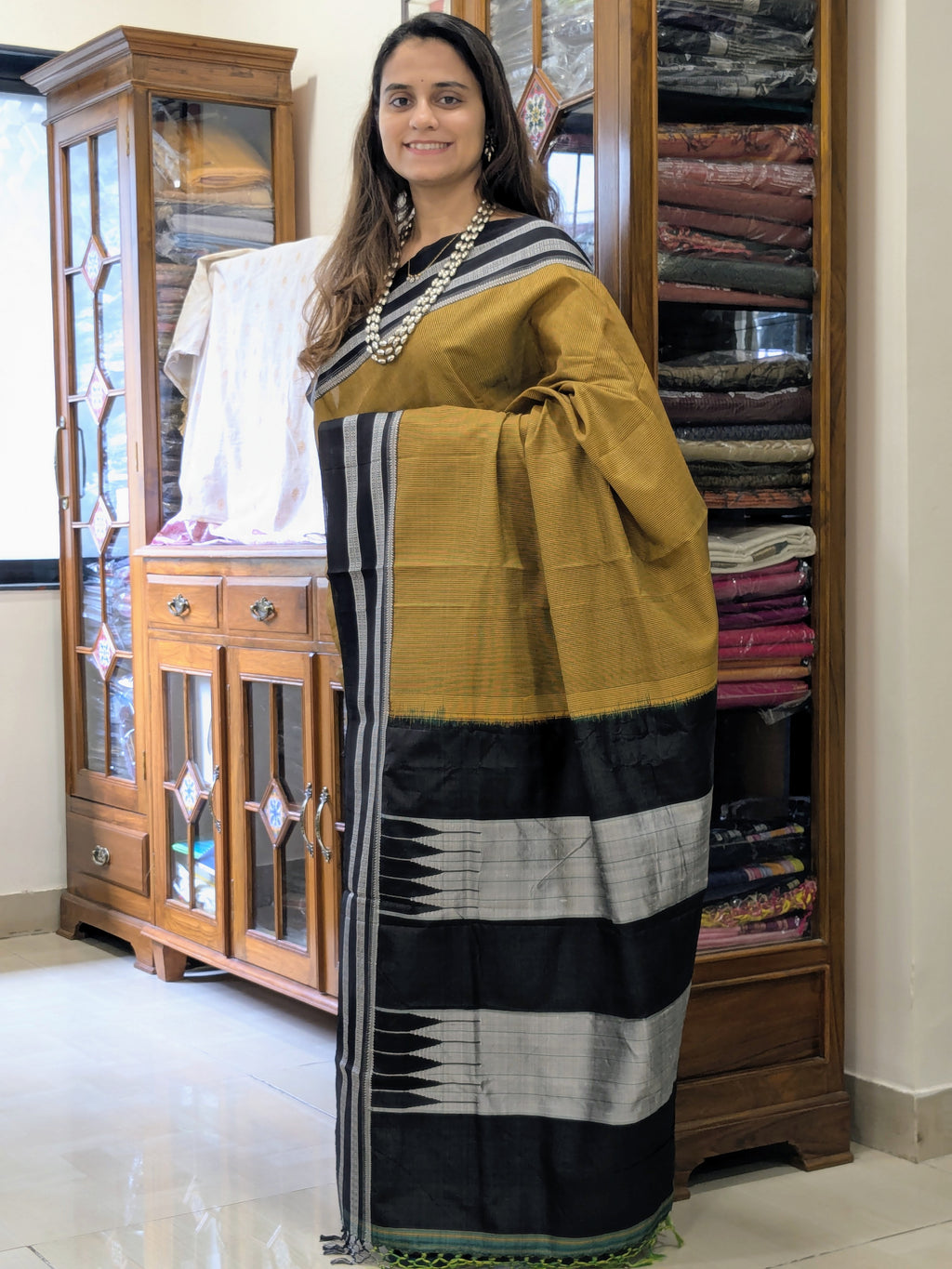 Mustard Yellow and Black Handloom Ilkal Saree