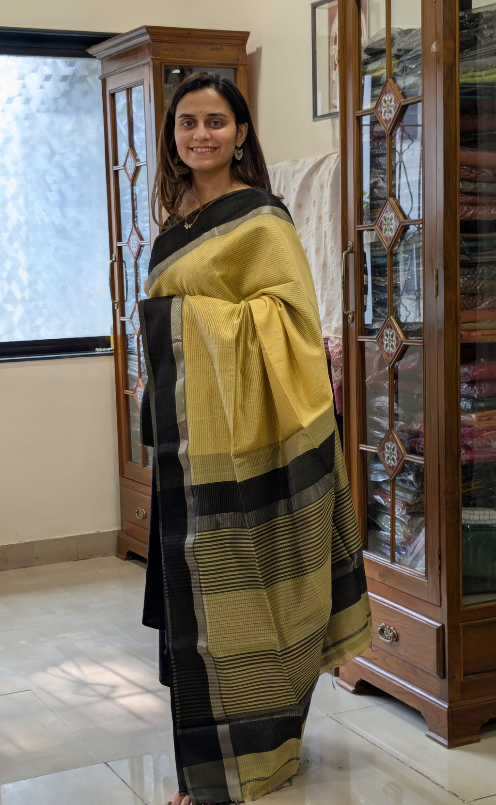 Maheshwari Yellow Saree with Black Resham Border