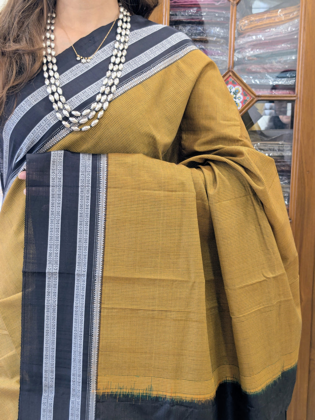 Mustard Yellow and Black Handloom Ilkal Saree