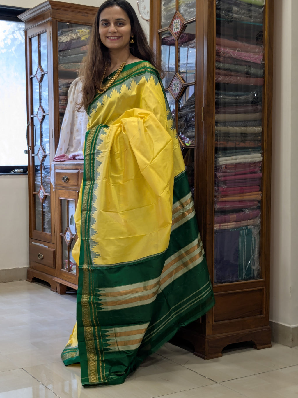 Pure Ilkal Yellow and Green Silk Saree