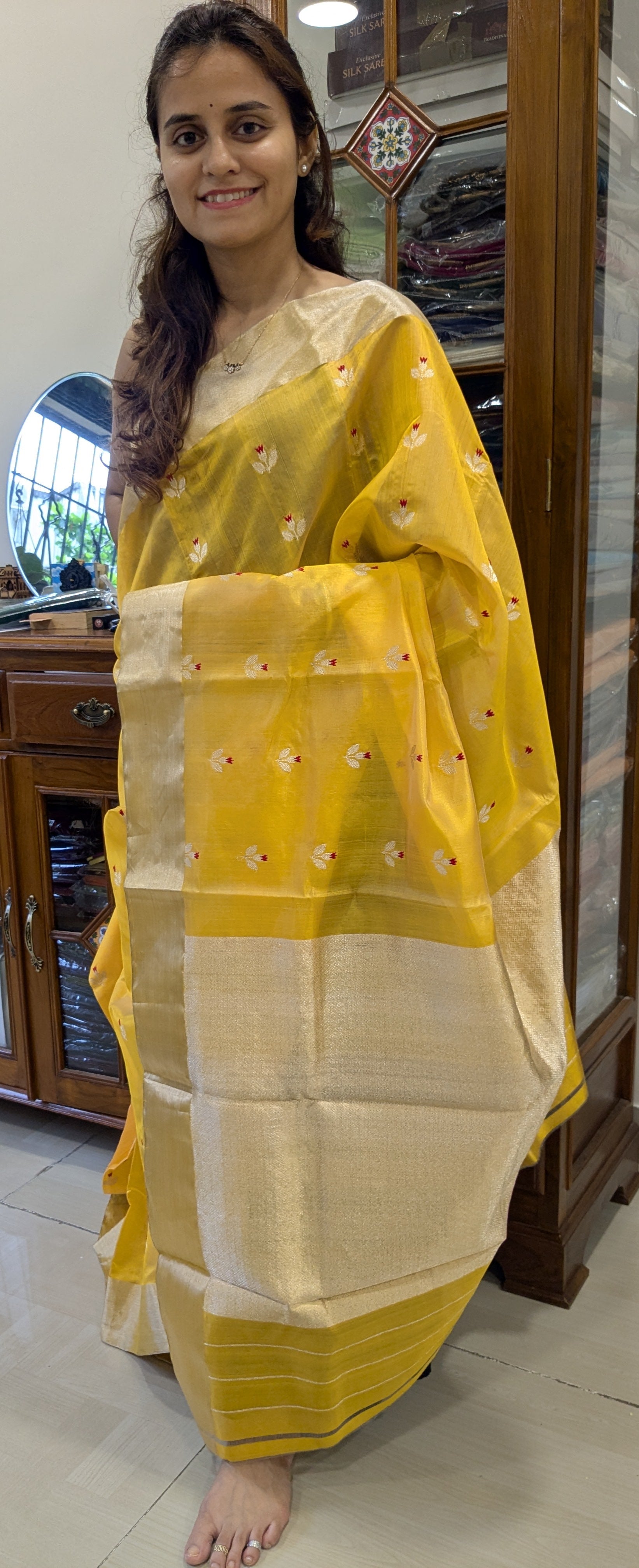Full view showing the luminous texture and elegant drape of pure Chanderi silk.