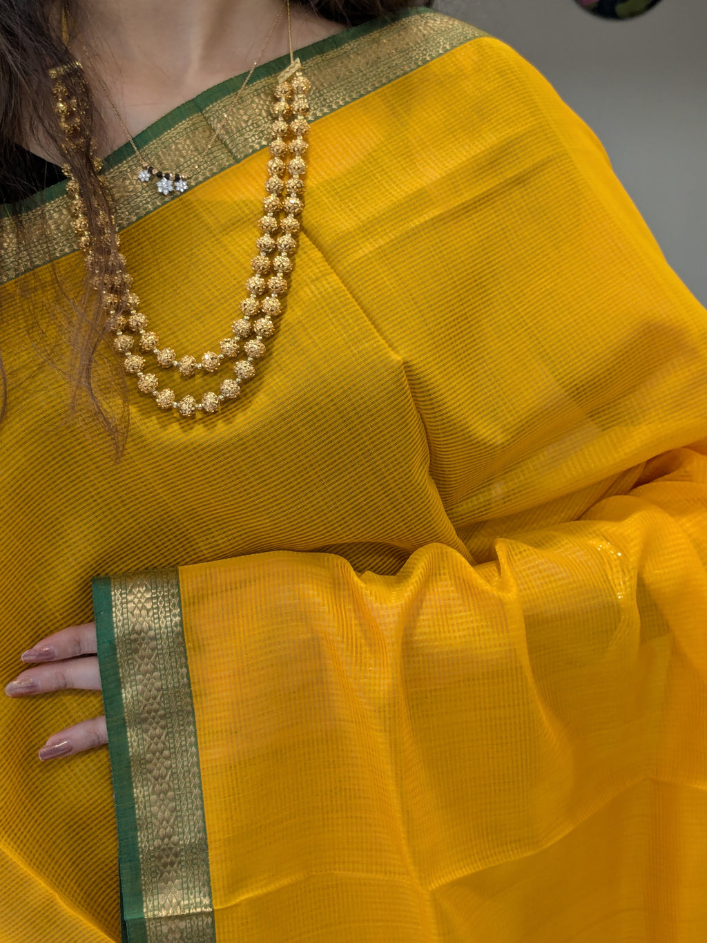 Garbh Reshmi Yellow Maheshwari Handloom Saree