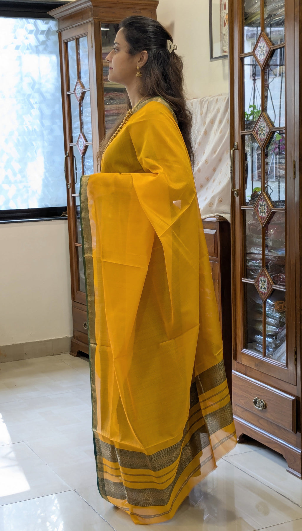 Garbh Reshmi Yellow Maheshwari Handloom Saree