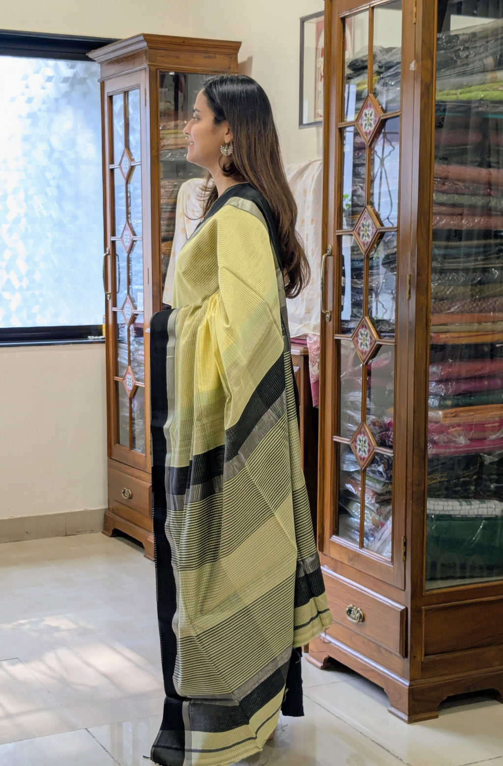 Maheshwari Light Yellow Saree with Black Resham Border