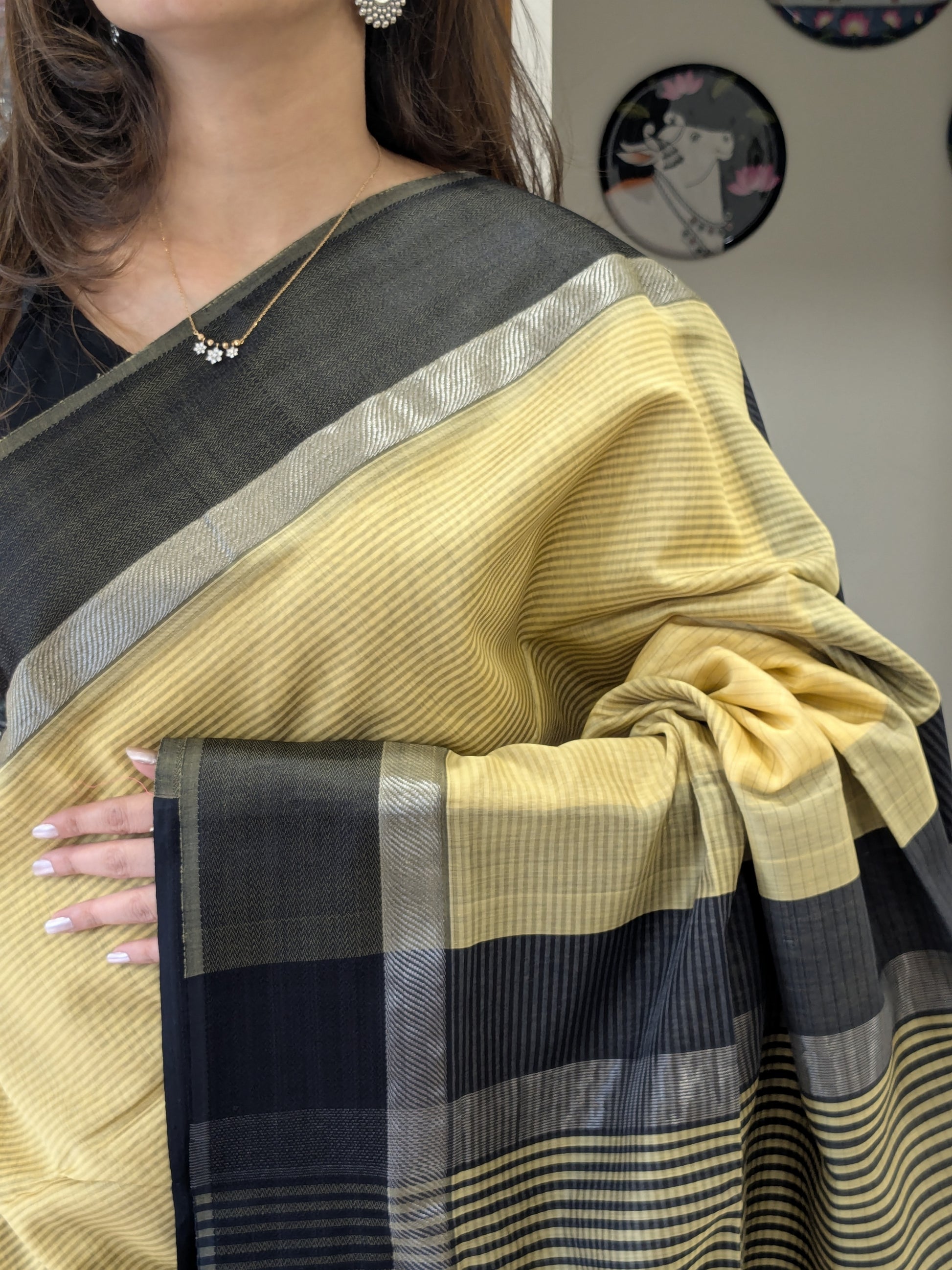 Maheshwari Yellow Saree with Black Resham Border