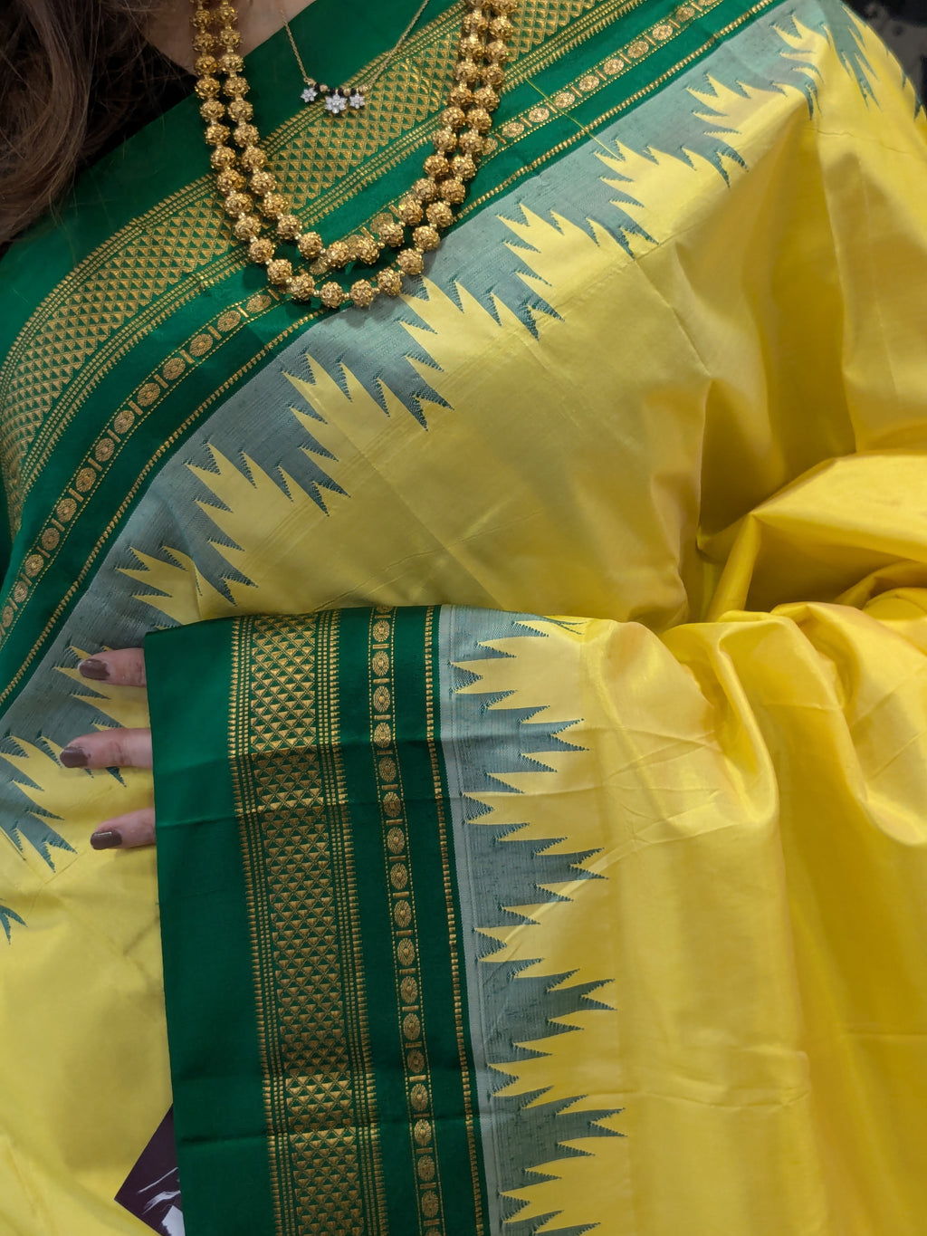Pure Ilkal Yellow and Green Silk Saree