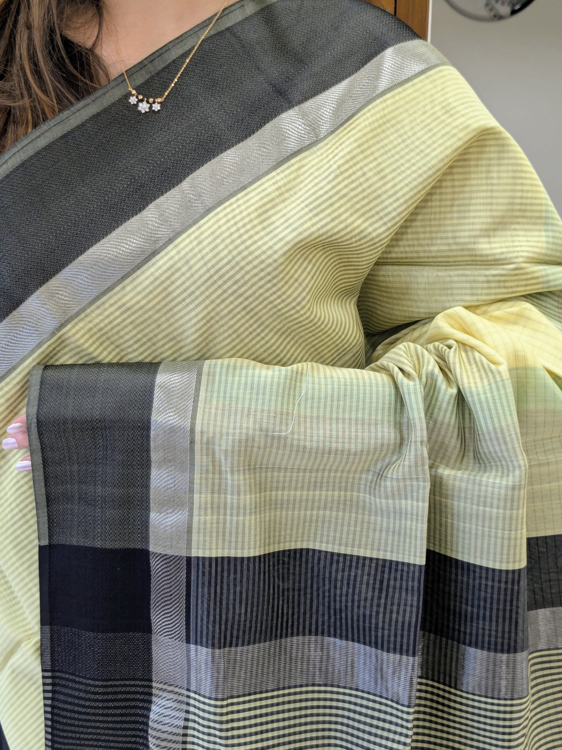 Maheshwari Light Yellow Saree with Black Resham Border