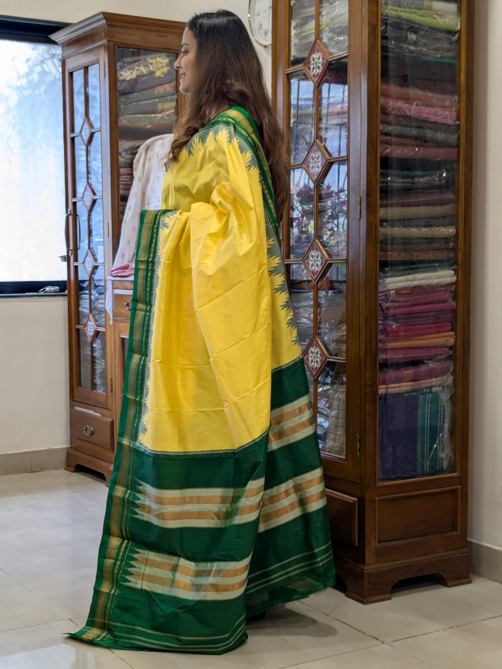 Pure Ilkal Yellow and Green Silk Saree