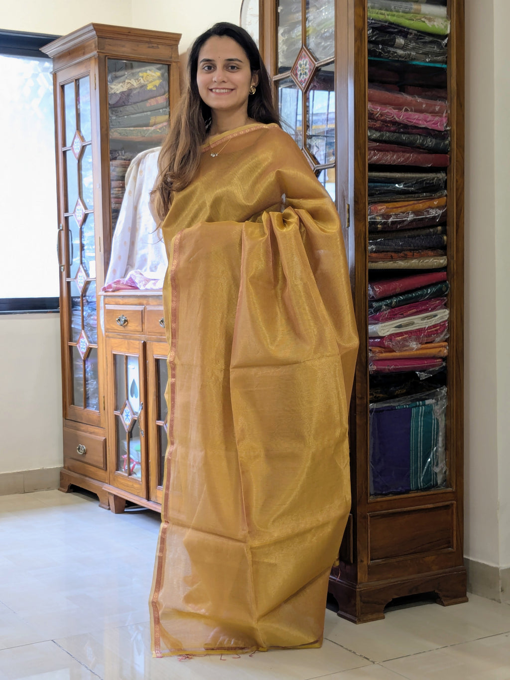 Maheshwari Yellow Tissue Silk Saree