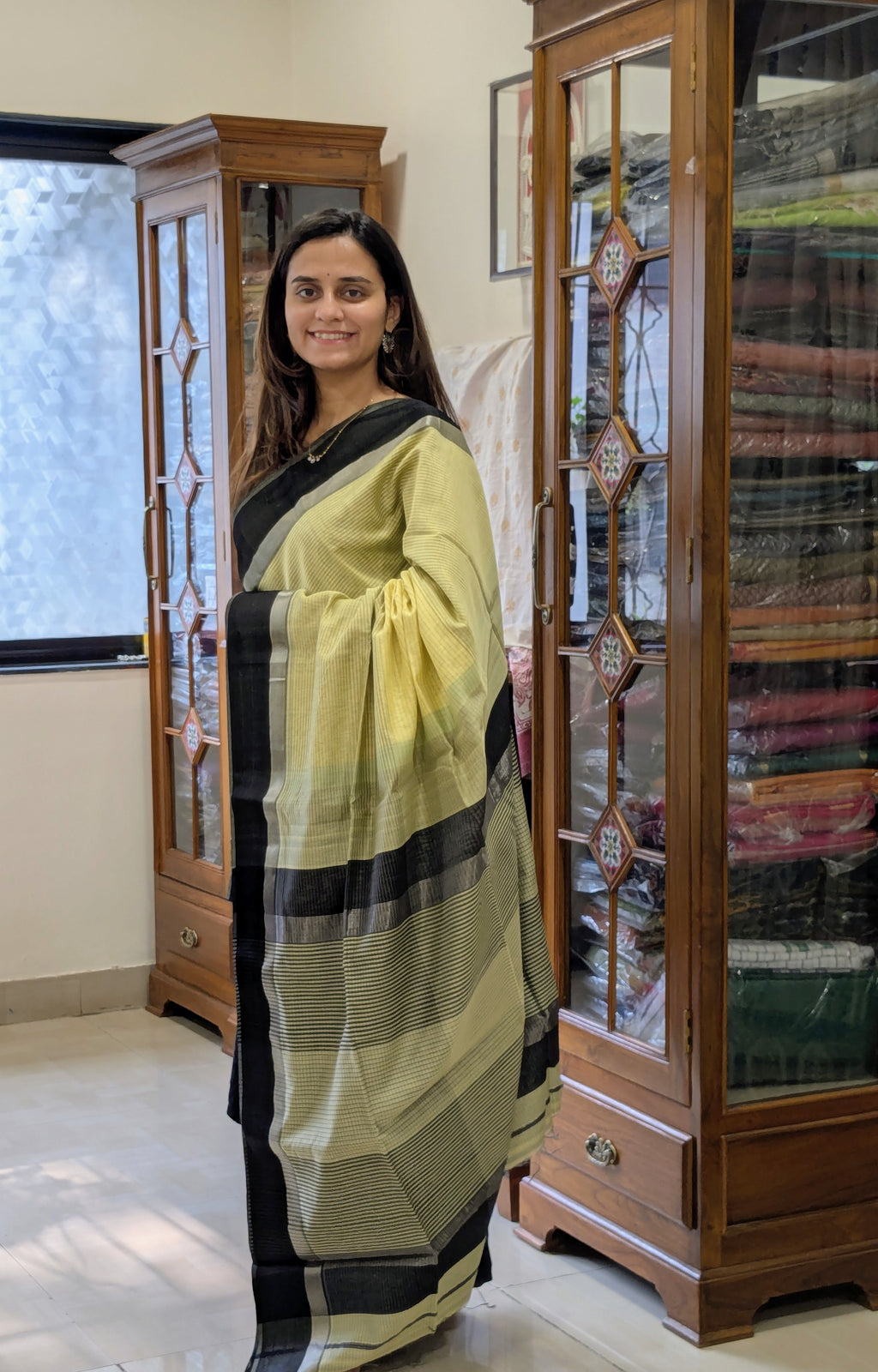 Maheshwari Light Yellow Saree with Black Resham Border