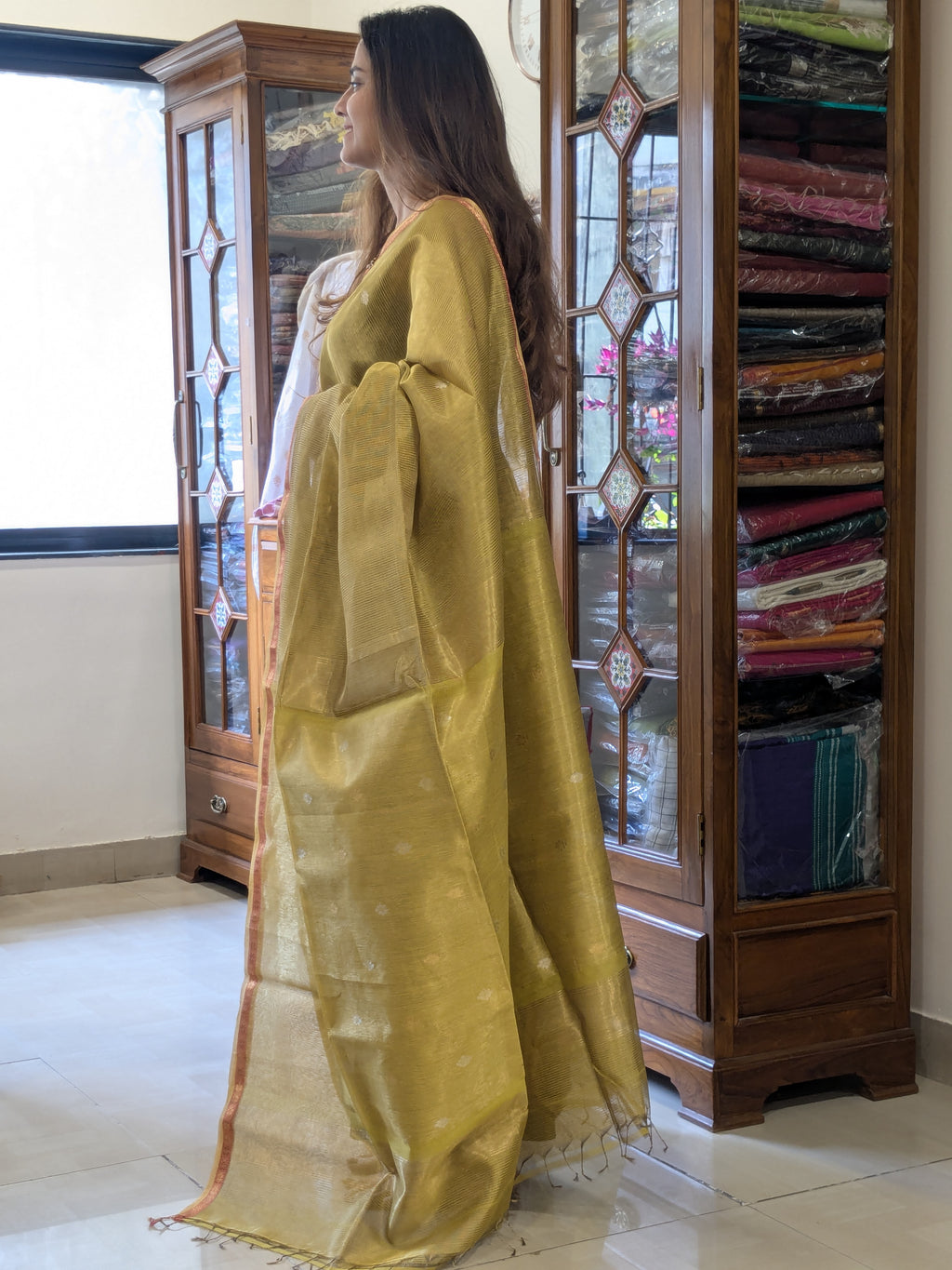 Maheshwari Fluorescent Yellow Silk Tissue Saree