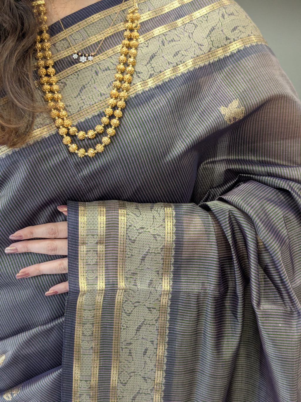 Grey Kanjeevaram Silk Cotton Saree with Green Stripes, Buttis & Zari Pallu