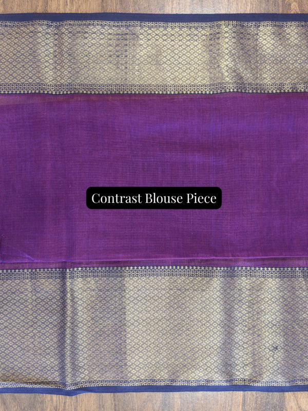 Purple contrast blouse piece included to complete the vibrant and festive Maheshwari ensemble.