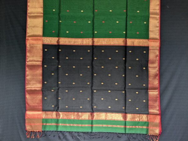 Detailed image of buttidar pallu with intricate floral weaving and rich traditional finish.