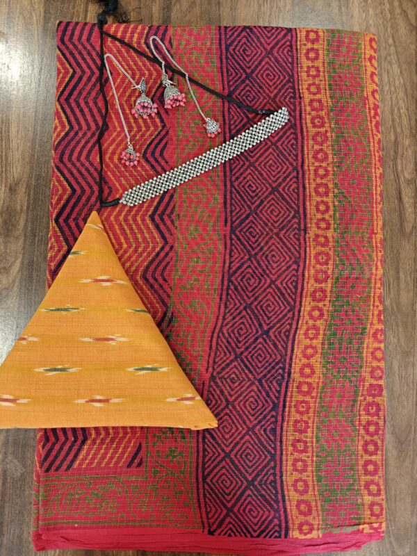 Hand Block Printed Red Kota Doria Handloom Saree with Contrast Blouse