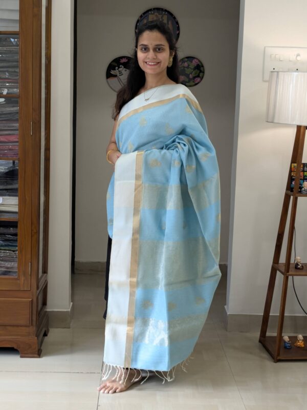 Sky Blue Maheshwari Silk-Cotton Saree with Zari Lines and Resham Border